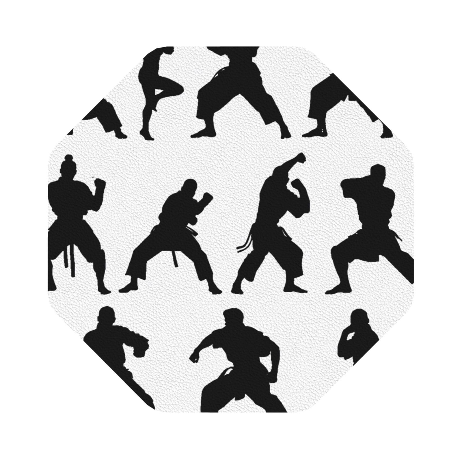 Silhouettes of Martial Arts Print Leather Coaster Set of 6, Octagon Coasters Table Decorative Coffee Cup Beverage Coasters Wine Beer Bar Coasters for Hot Drinks Table Protection