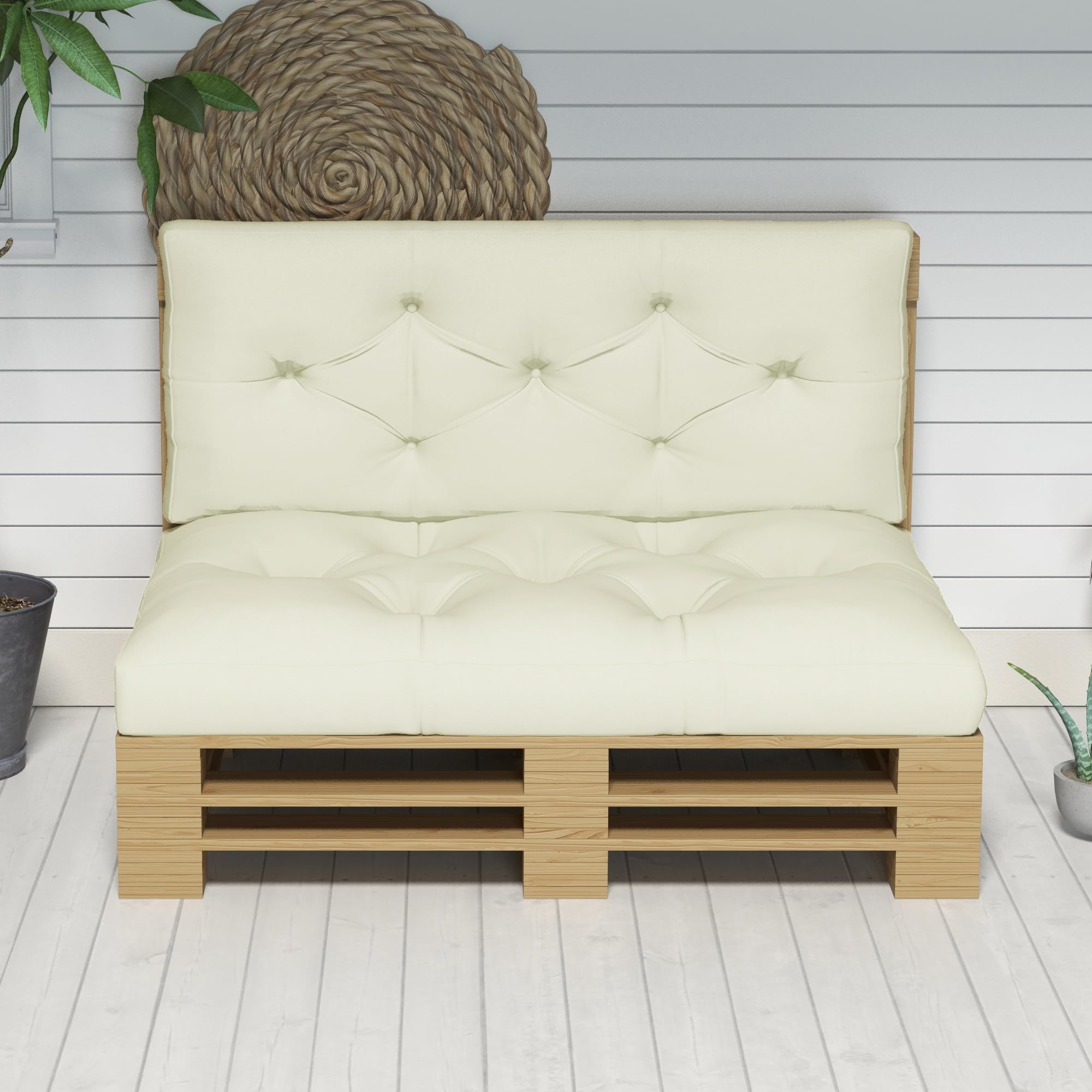 Outsunny Cuscini da Giardino Set 2 Pezzi per Schienale e Seduta con Imbottitura Spessa, Cuscini da Esterno in Poliestere per Divani e Pallet, Crema
