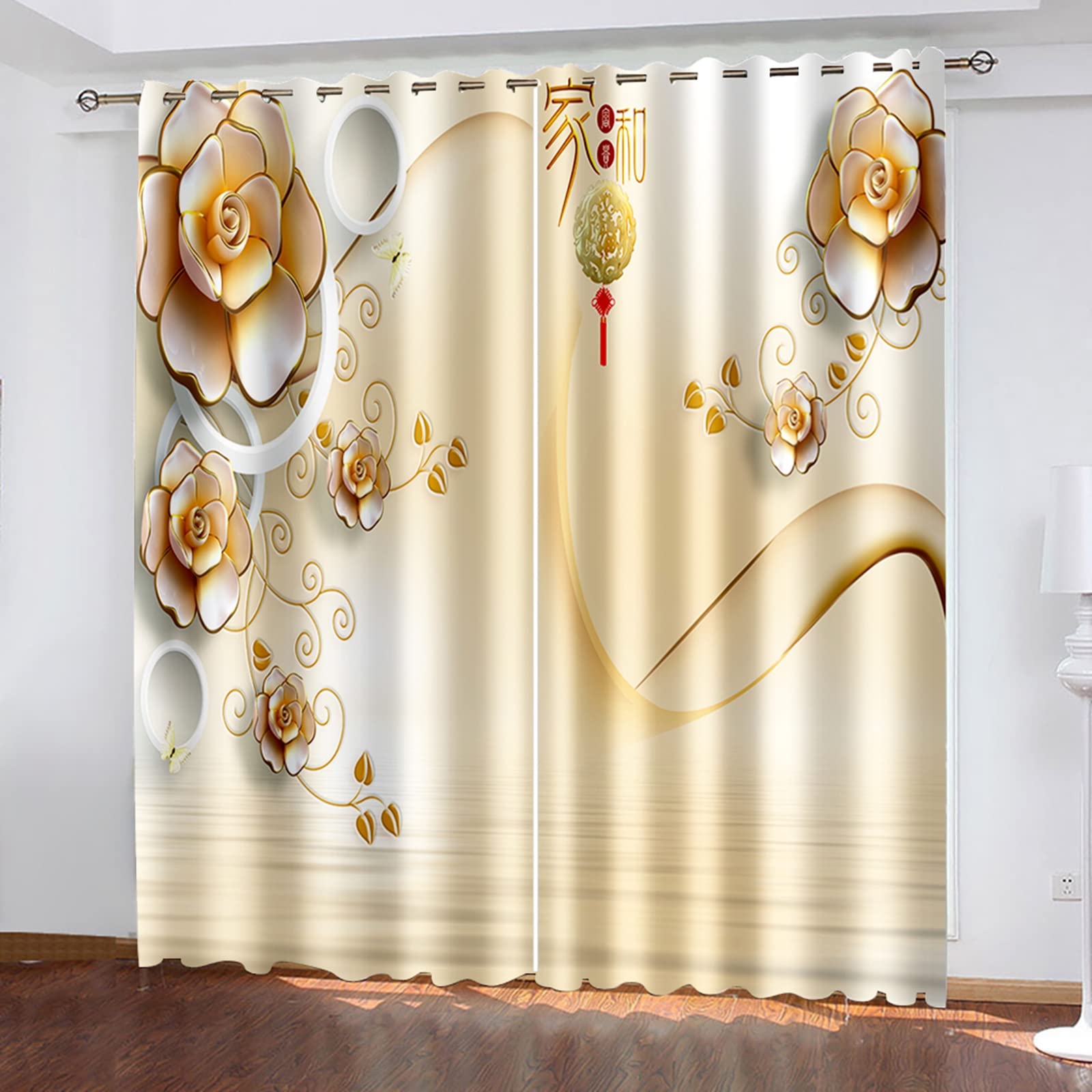 Aeici Zasłona prysznicowa 3D, zasłona kuchenna naturalne trójwymiarowe kwiaty zasłony termiczne kuchnia złota biel do sypialni/salonu, 213 cm x 157 cm