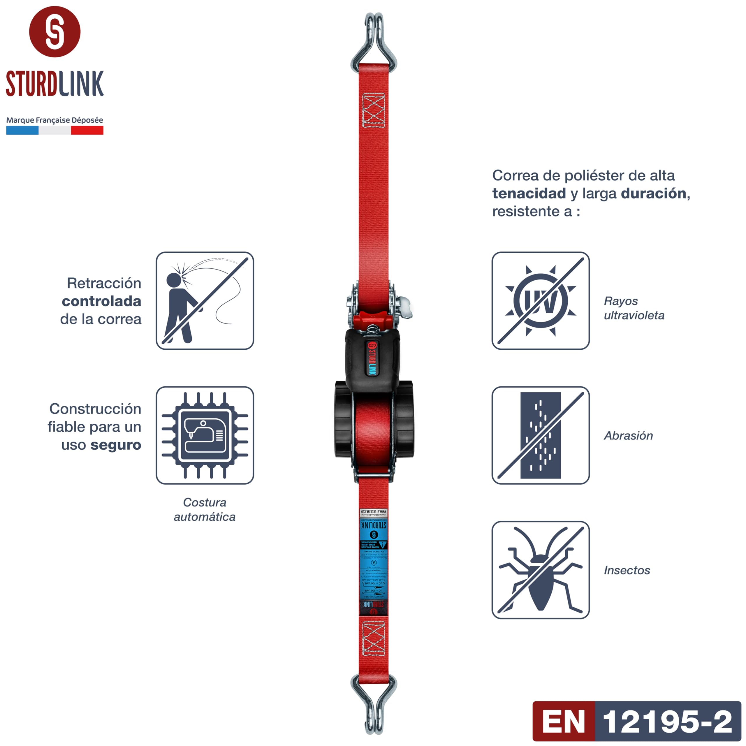 Correas con Trinquete Automático 5m 25mm Ganchos en J LC 350kg / 700kg en U | Enrollador de Correa Automático | Correa de Amarre Retráctil | x4 + Bolsa | Furgoneta Utilitaria Camión SUV | EN 12195-2