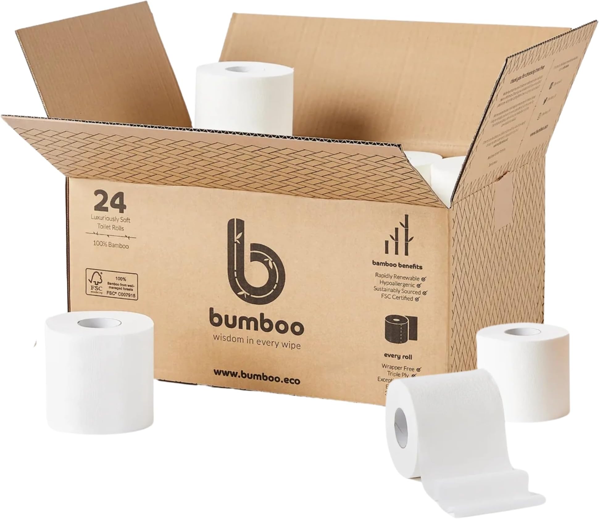 โ Bumboo Bamboo Toilet Roll 24 Pack | Toilet Paper 3 ply, 300 Sheets | Organic Eco Toilet Paper | Plastic-Free, Soft, Strong, Sustainable & Biodegradable Toilet Tissue