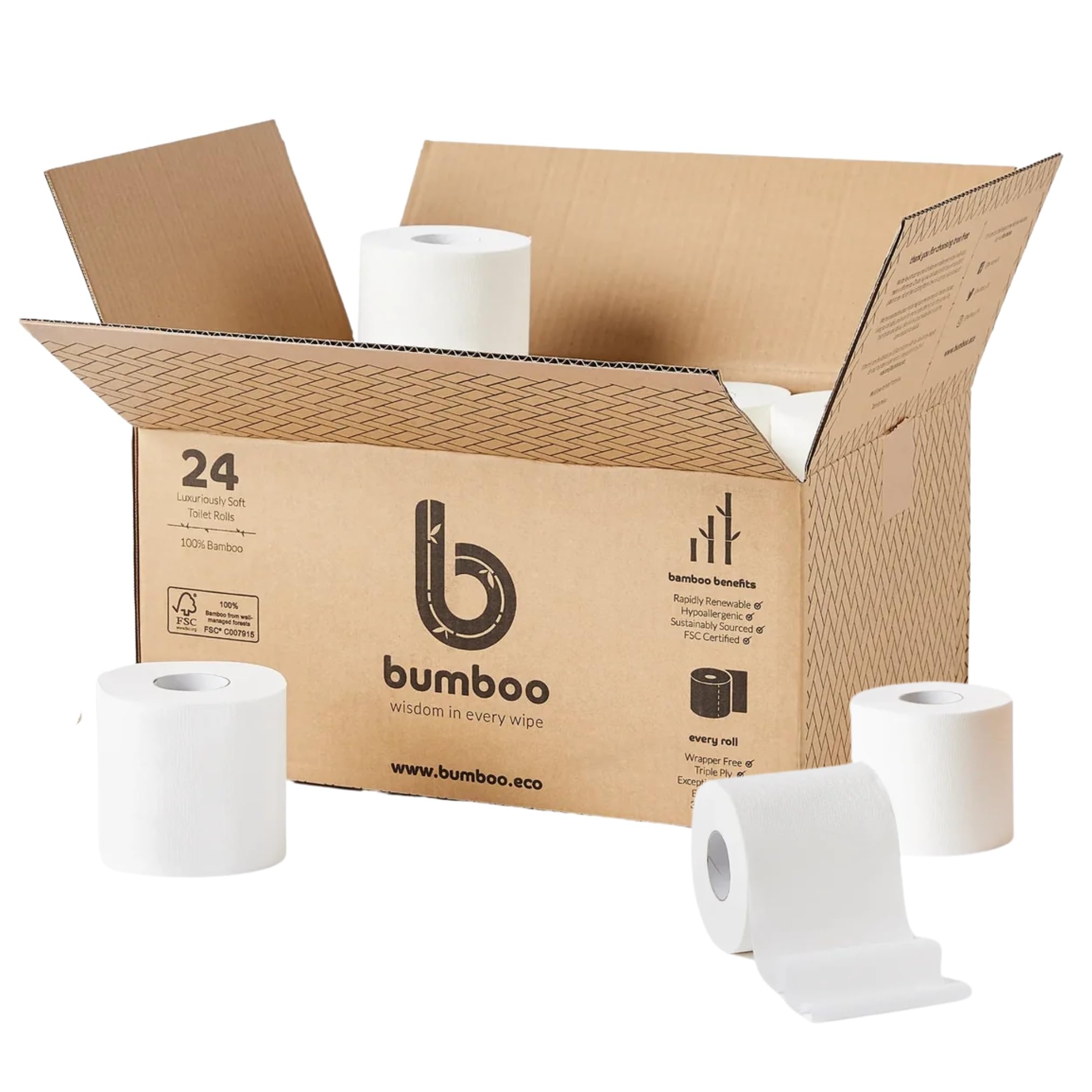 Bamboo Toilet Roll 24 Pack | Toilet Paper 3 ply, 300 Sheets | Organic Eco Toilet Paper | Plastic-Free, Soft, Strong, Sustainable & Biodegradable Toilet Tissue
