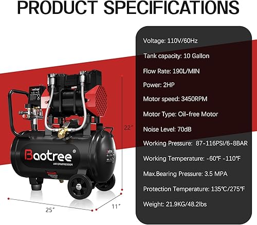 Miniatura 5 de Compresor de aire ultra silencioso sin aceite de 10 galones portátil, máximo 115PSI 2HP 8.76CFM 70dB compresor de aire de bajo ruido para reparación
