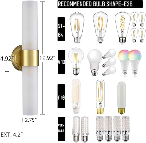 Miniatura 7 de DAYCENT Lámparas de baño modernas doradas largas de doble pared dorada con cilindro de vidrio esmerilado, 20 pulgadas de alto