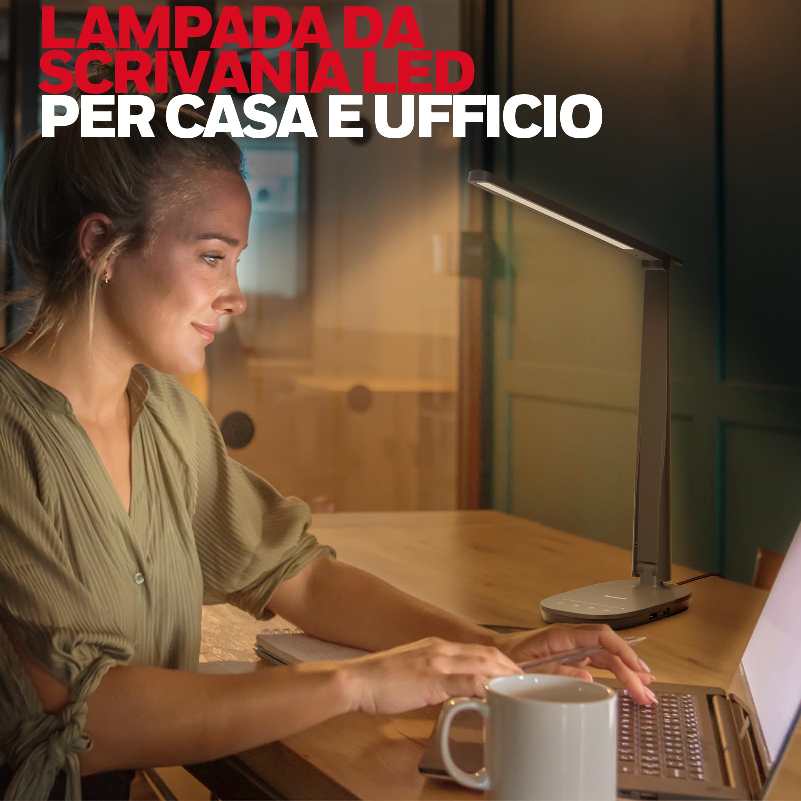 Honeywell HWT-H2 Lampada da Scrivania LED, Luce a Spettro Completo CRI94, Lampada da Tavolo Dimmerabile con Porte USB-A e USB-C, Controllo Touch, Lampada Pieghevole per Ufficio, Lettura e Studio, Nero