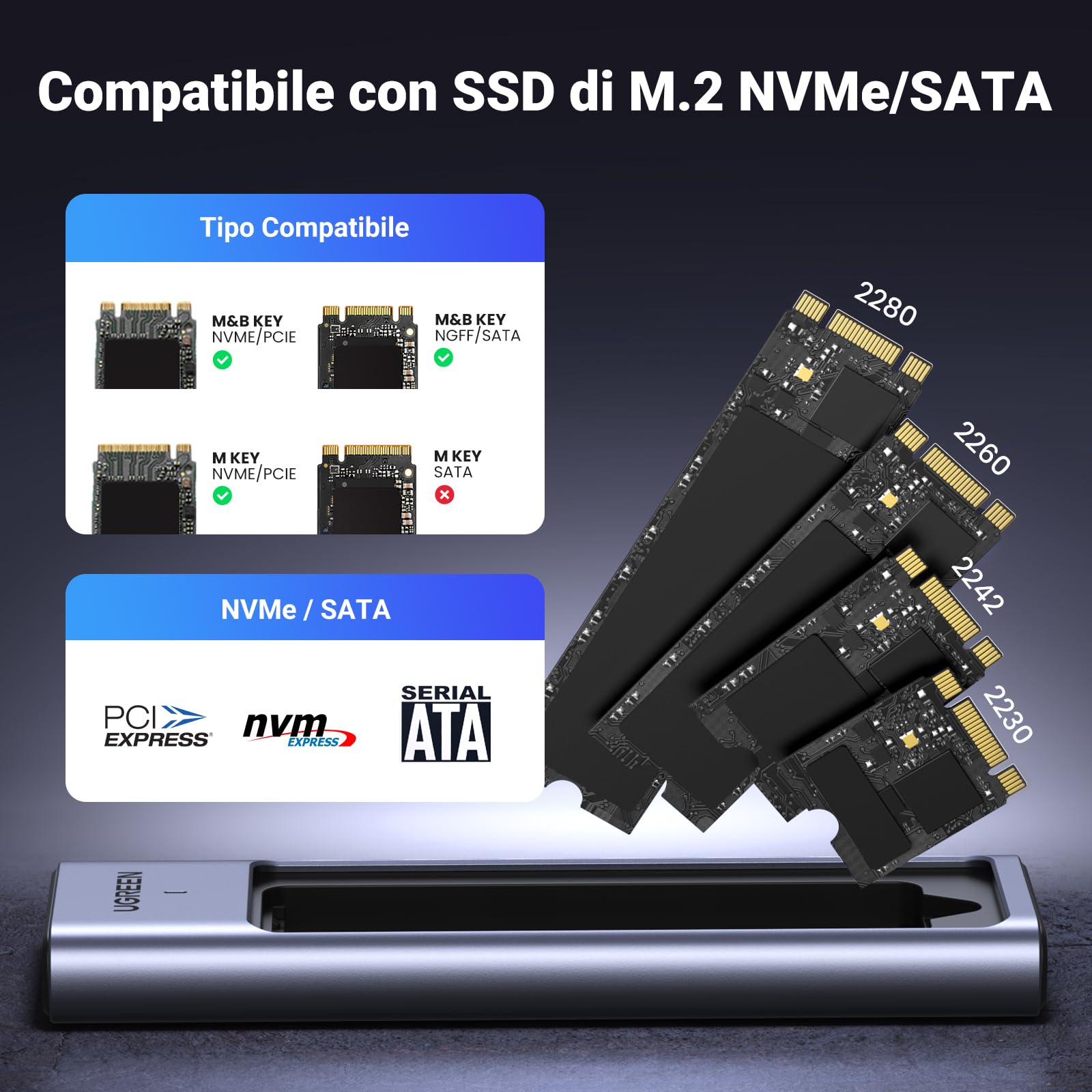 UGREEN Case SSD M.2 NVMe SATA 20Gbps USB C 3.2 Gen 2x2, Enclosure per Disco Rigido M/M&B Key 2230/2242/2260/2280, Case Hard Disk con Cavo Compatibile con 970 Evo Plus 980 PRO WD SN770 Kingston