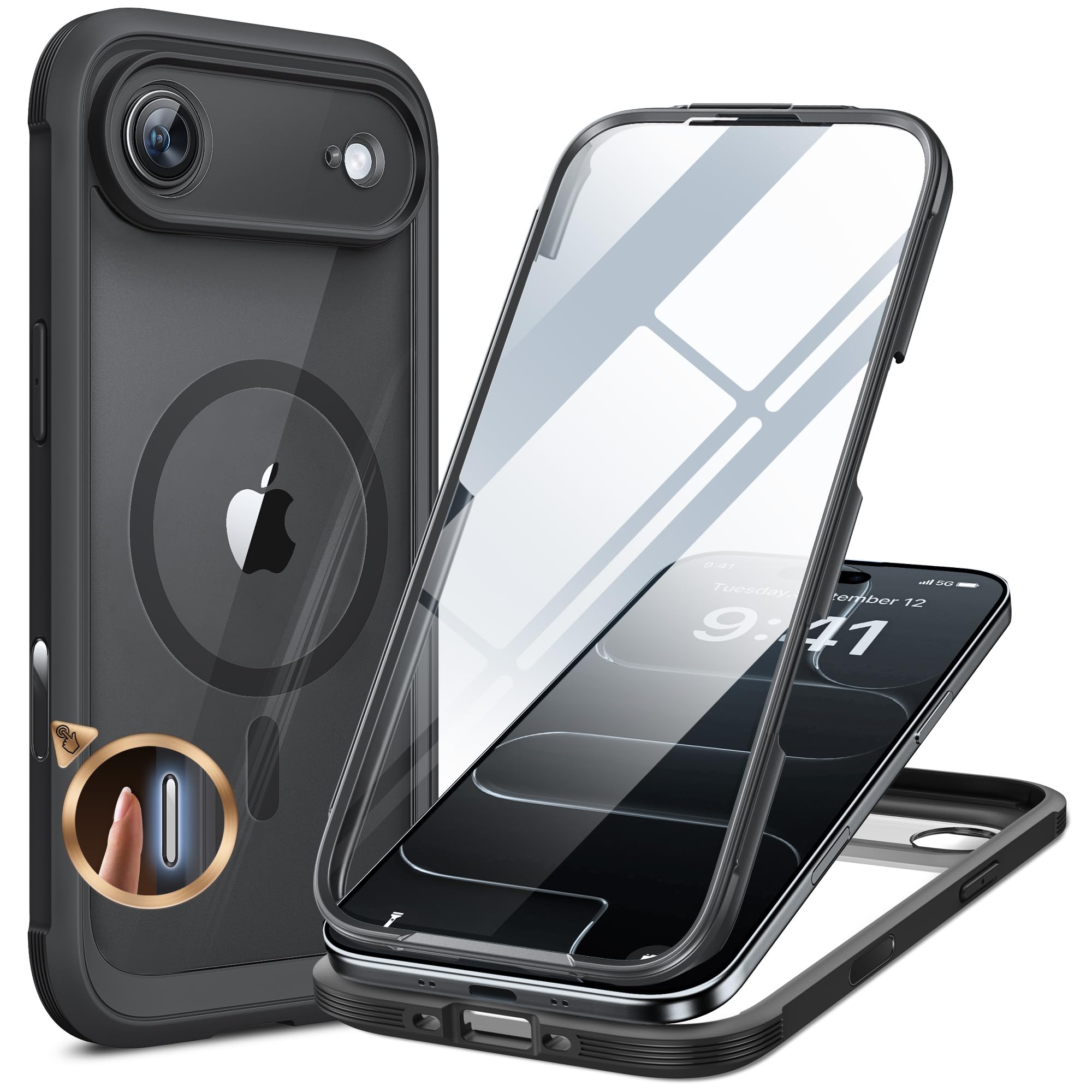 Miracase Magnetic for iPhone Air Case 6.5-inch with Camera Control, [Compatible with MagSafe] Full-Body Protection Slim Phone Case with Built-in Tempered Glass Screen Protector for 17 Air Case, Black