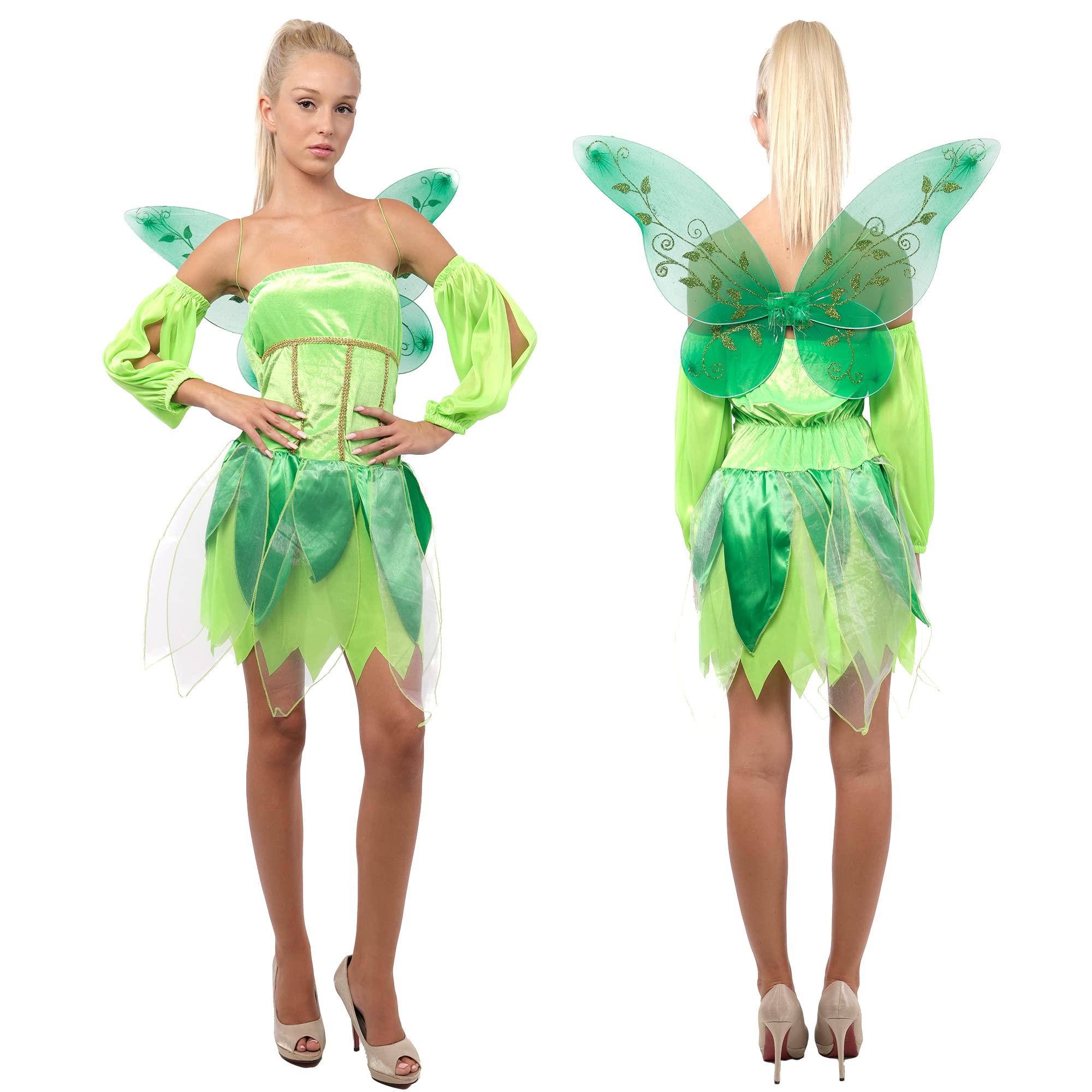 Disfraz Campanilla Mujer Adulto, Vestido Princesa Verde de Tul con Manguitos y Alas Verdes para Disfraz de Hadas Campanilla Carnaval