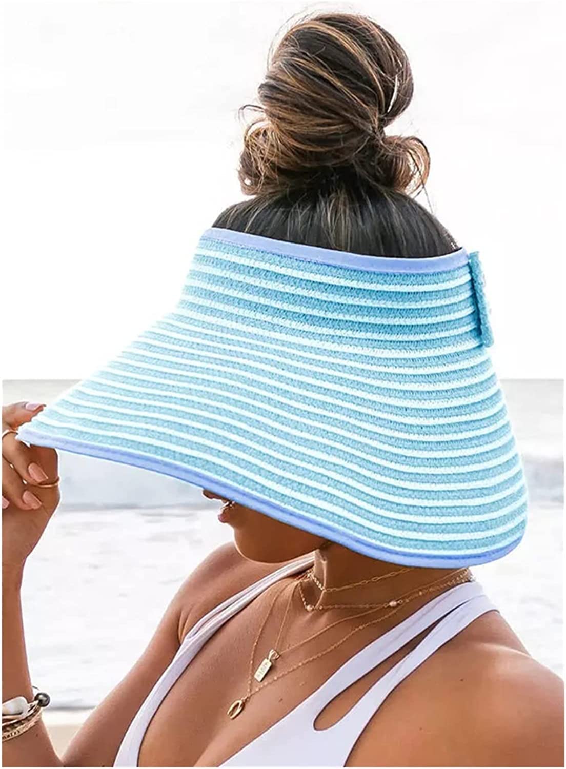 TOBILE Cappello da Sole Donna Estate Visiera Parasole Pieghevole Cappello da Spiaggia a Tesa Larga in Paglia Cappello con Visiera Cappello di Paglia Cappello da Spiaggia (Color : Blue, Size : 6 7/8)