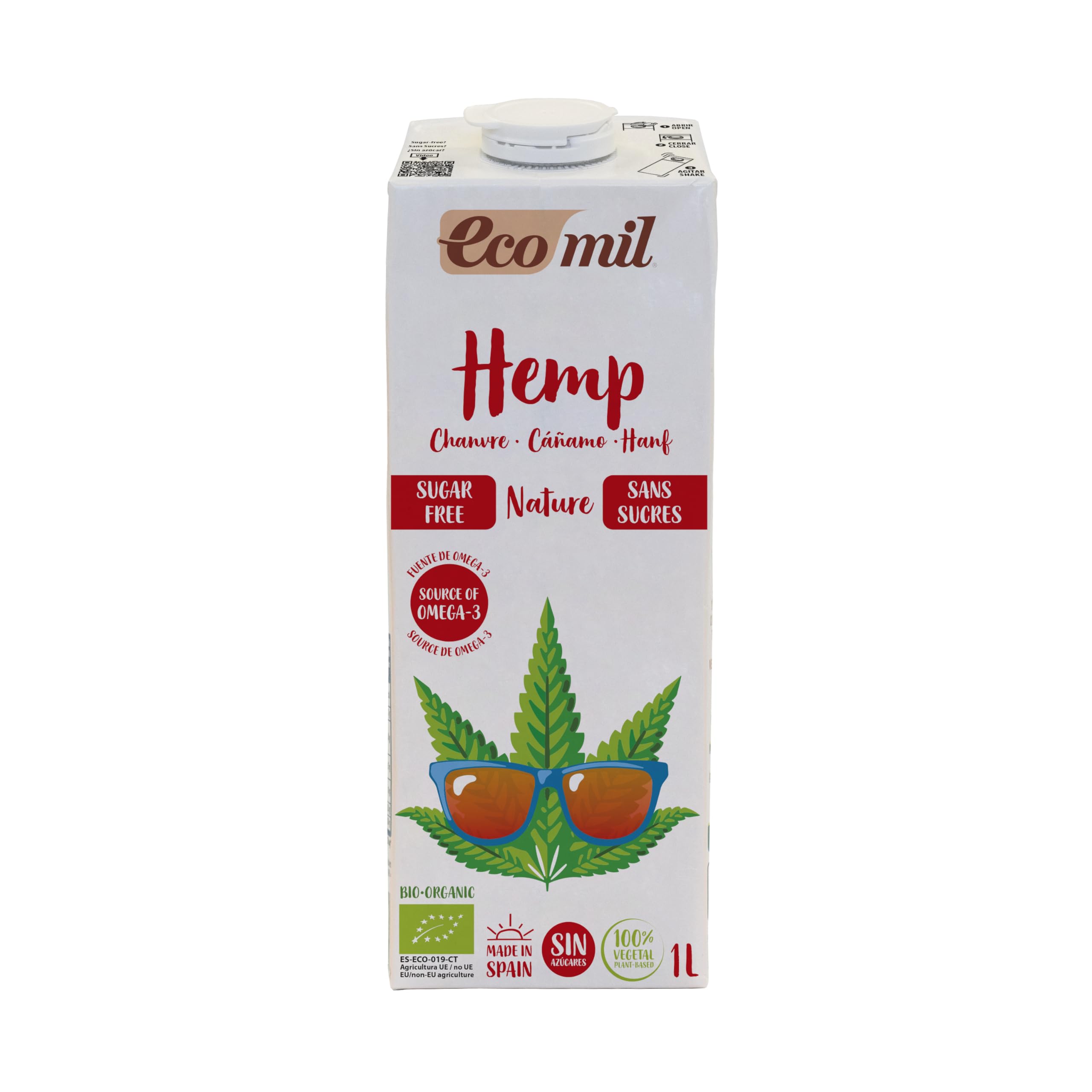 Ecomil - Bebida Vegetal de Cáñamo Eco, Pack 6 x 1 Litro, Hemp Nature Bio, Fuente de Omega 3, Sin Azúcares Añadidos, Sin Gluten, Apta para Veganos, Alternativa Saludable a la leche