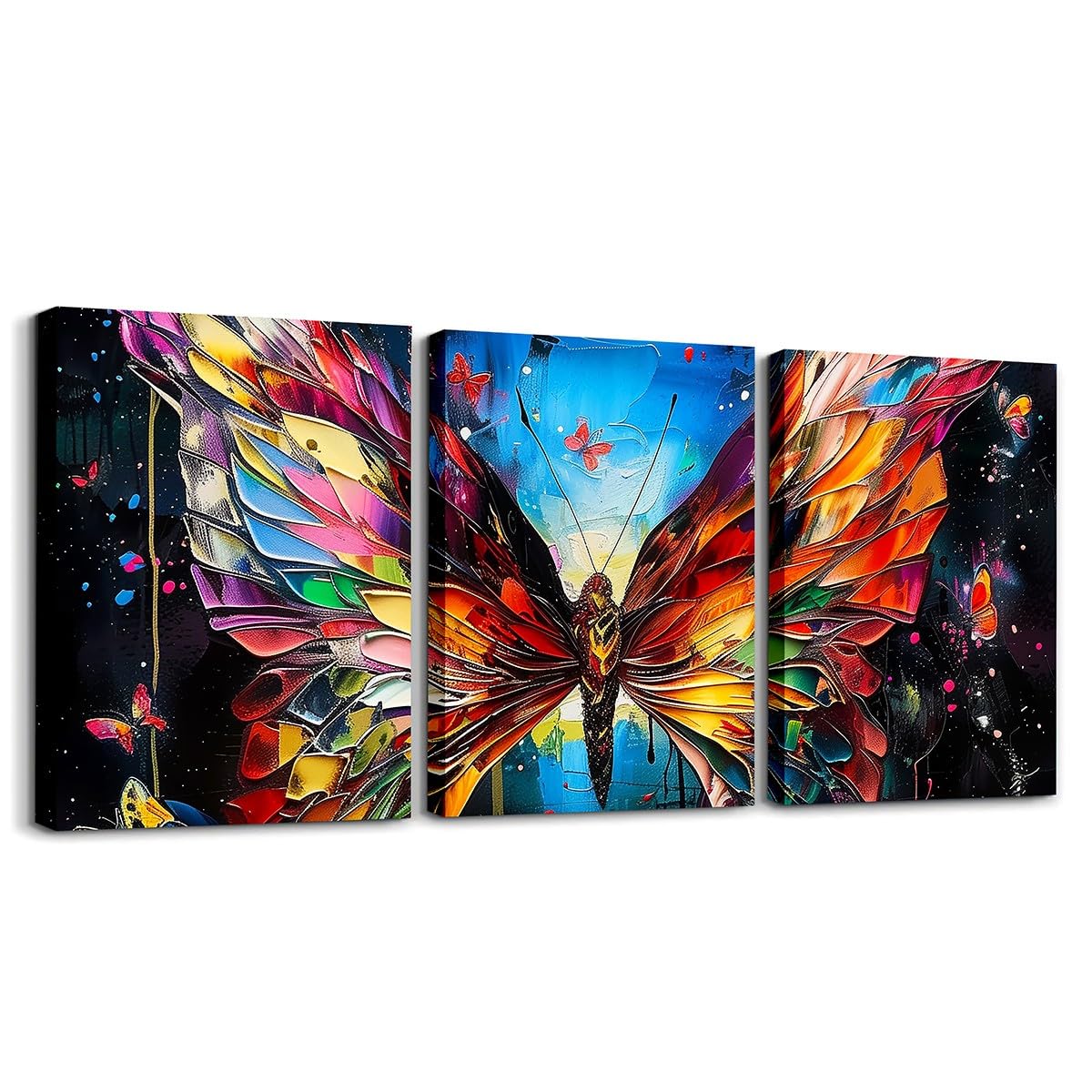 Homewish Butterfly Paint Canvas Art, Colorful Graffiti Paintings Wall Decor Watercolor Butterfly Oil Painting Framed Wall Art 3 Pieces Modern Tie Dye Abstract Pictures For Dorm Bedroom