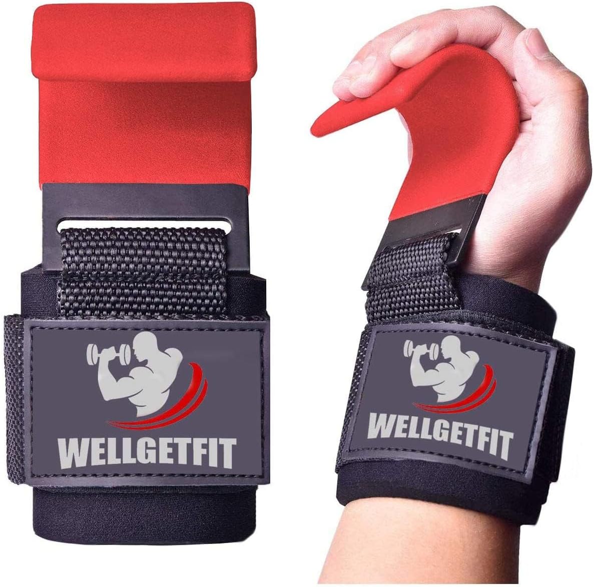 WellGetFit® Weight Lifting Hooks (Pair) for Men & Women – Heavy Duty Anti-Rip Nylon Straps with Thick Wrist Padding for Weightlifting, Deadlifts, Pull Ups, Rows, Shrugs & Gym Workouts
