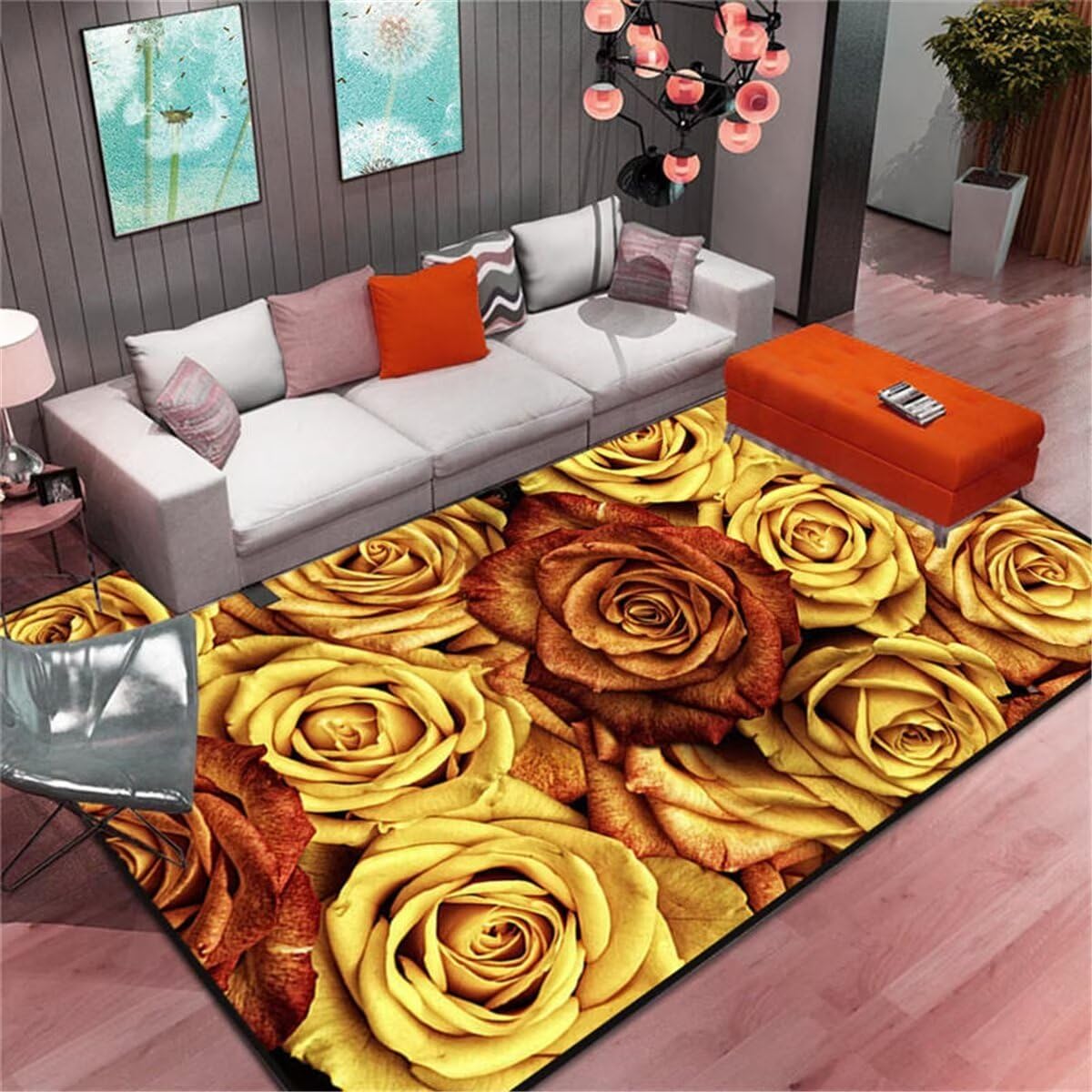 Teppich Flach Gewebter Teppich Gelb grau floral Design weich und bequem kann angepasst Werden Gamer Teppich 200X260CM