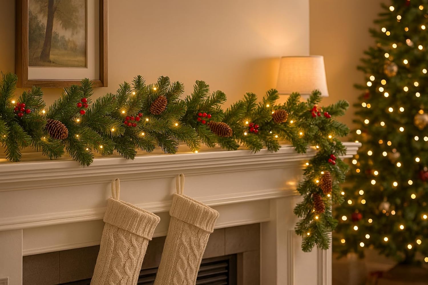 Festive Find Pre-Lit Artificial Christmas Garland, Green, Crest Spruce, White Lights, Decorated with Glitter, Pinecones, Berry Clusters, Battery Operated, Christmas Collection (9ft)