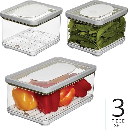 Miniatura 2 de iDesign - Contenedores pequeños y grandes para refrigerador, con bandejas de drenaje extraíbles y tapas, juego de 3, color gris