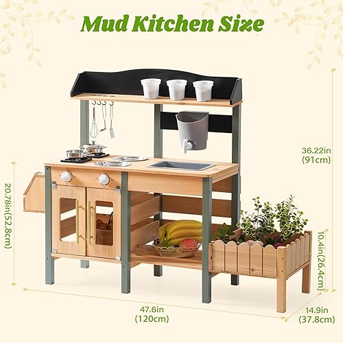 Miniatura 9 de ROBOTIME Cocina de barro para niños al aire libre, cocina de madera al aire libre con caja de observación de insectos y jardinera, cocina de juego
