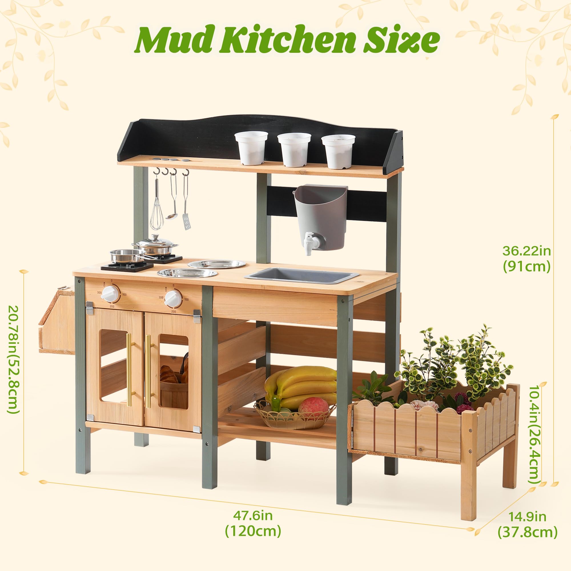 ROBOTIME Mud Kitchen, Grande Cuisine d'Extérieur Deluxe pour Enfants, Jeu de Cuisine en Bois avec bac à Eau, évier de Jardin, bac de Plantation et Accessoires, Jeu de Prétendus pour Garçons Filles 3+