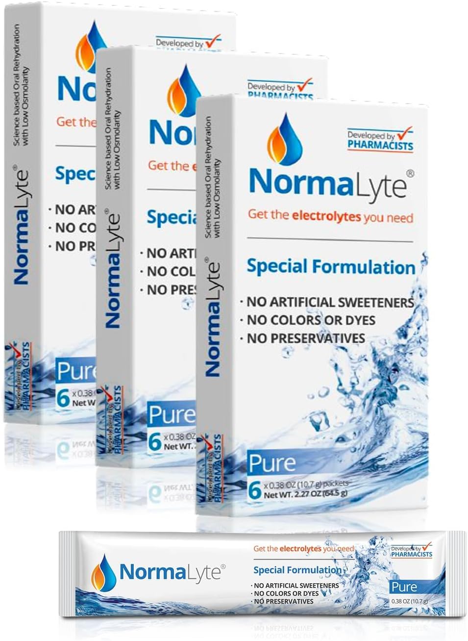 NormaLyte Oral Rehydration Salts-18 Sticks Packs (Yields 500mL per Pack)-Pure| Energy Supplements, Potassium Supplement, Dehydration Recovery and Quick Absorption