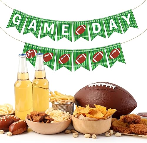 Vista 4 de Doumeny 2 pancartas de arpillera de fútbol americano para fiesta deportiva, guirnalda de banderines de fútbol americano para cumpleaños, baby