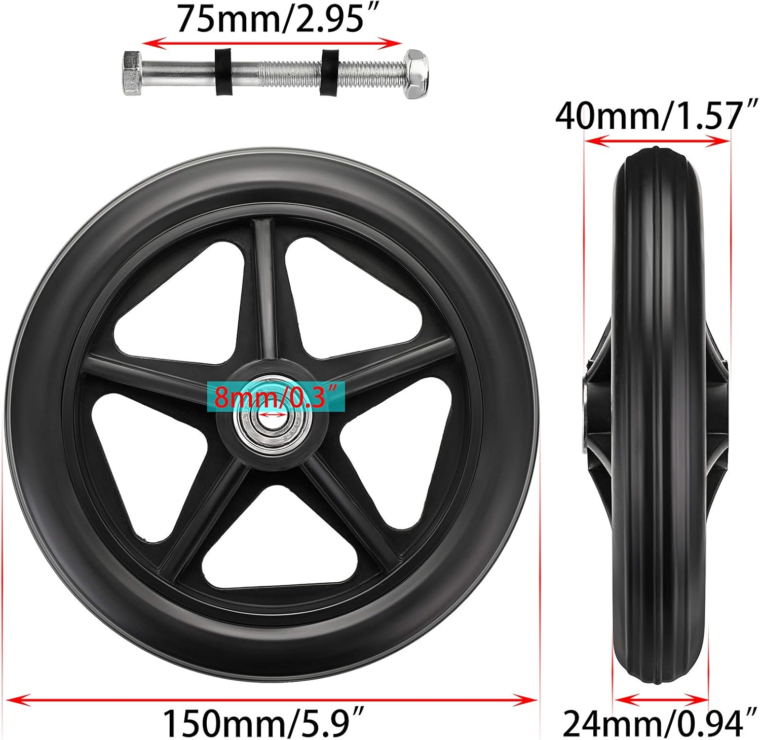 OwnMy 2PCS of 6 Inch Rubber Wheel Replacement Wheelchair Front Wheels Rollator Walker Anti-Slip Replacement Casters Rollers Wheels Universal Wheelchair Replacement Wheel Accessories, Black : Health & Household