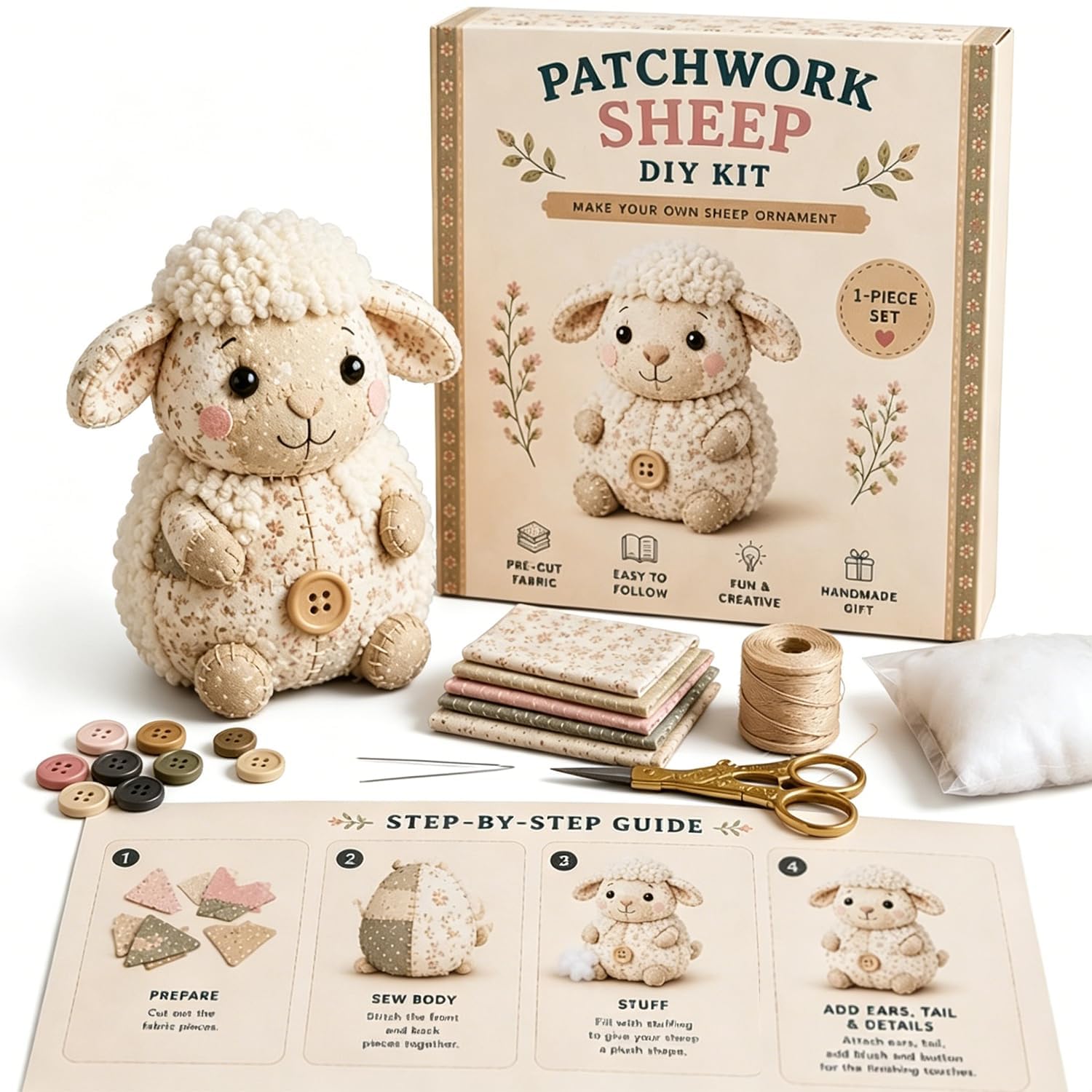 DIY Patchwork Animal Kit, Handmade Sewing Craft Kit with Pre-Cut Fabric & Stuffing, Create Your Own Adorable Animals, 3D Cute Patchwork Animal DIY Kit Beginners, Craft Lovers (Sheep)
