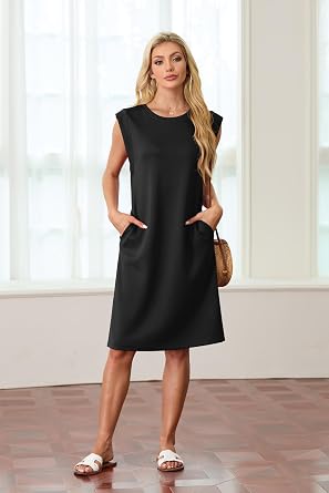 GRECERELLE 2026 Women Summer Round Neck Casual Loose Split Wrinkle-Free Midi Dress with Pockets (XS-3XL)