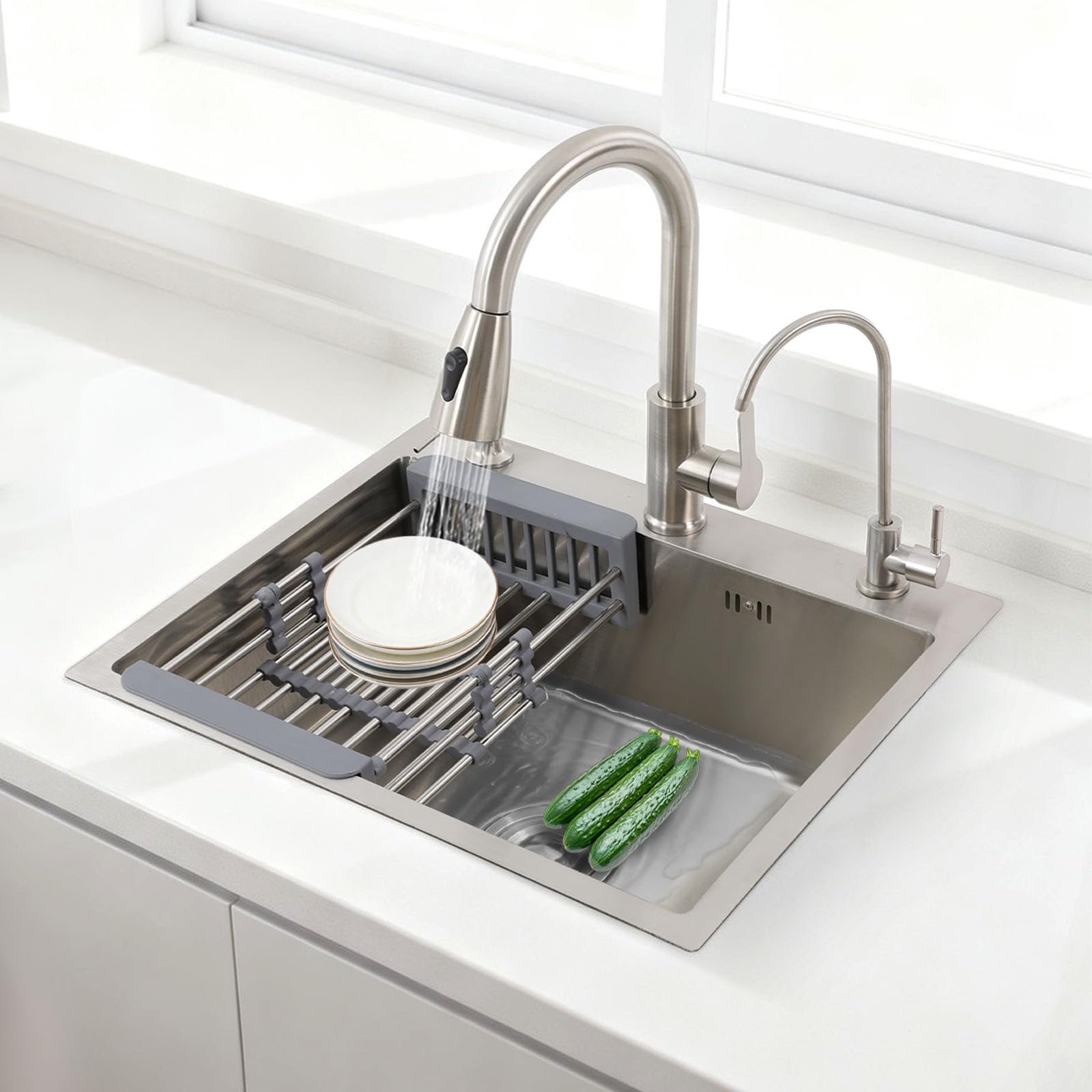 Fregadero Cocina Acero Inoxidable con Grifo Extraíble, Dispensador de Jabón y Escurridor, Fregaderos de un Seno, 55x45x20cm, Incrustado/A ras de la Encimera/Sobre la Encimera (Plata)