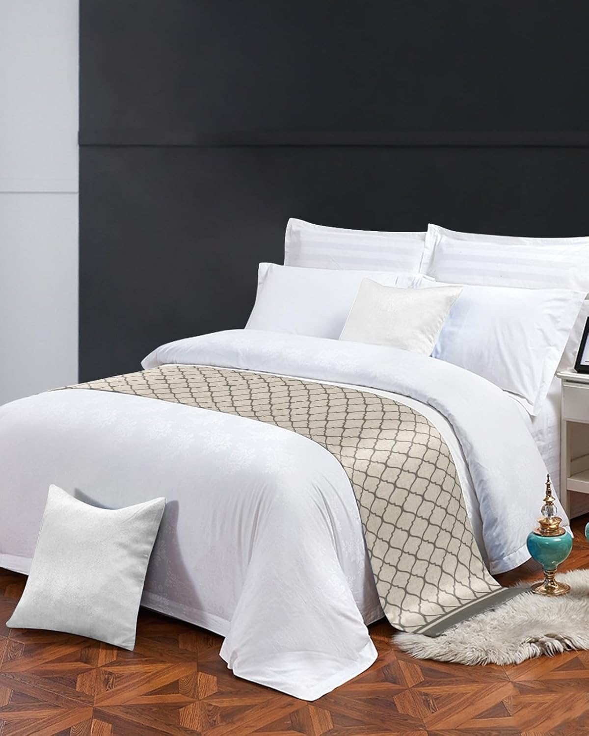 Bed Runners & Scarves, Country Style Gray Moroccan Pattern Burlap Texture Bed Runner, Bed Scarf Protector Decorative Accent Bedding Scarf for Hotels Homes and Guestrooms, 102 x 20 inches