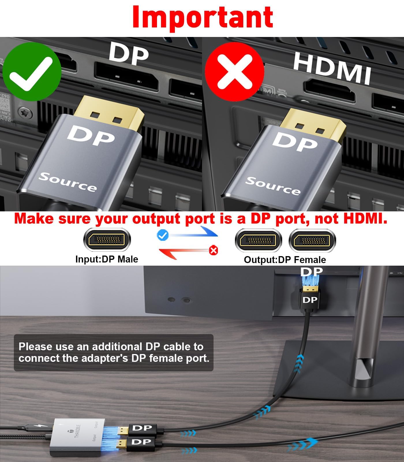 Adaptateur DisplayPort vers double DisplayPort (4K @ 60 Hz) - Port d'affichage 1 entrée et 2 sorties pour écran étendu double écran, adaptateur MST DP vers 2 DP pour PC, carte graphique