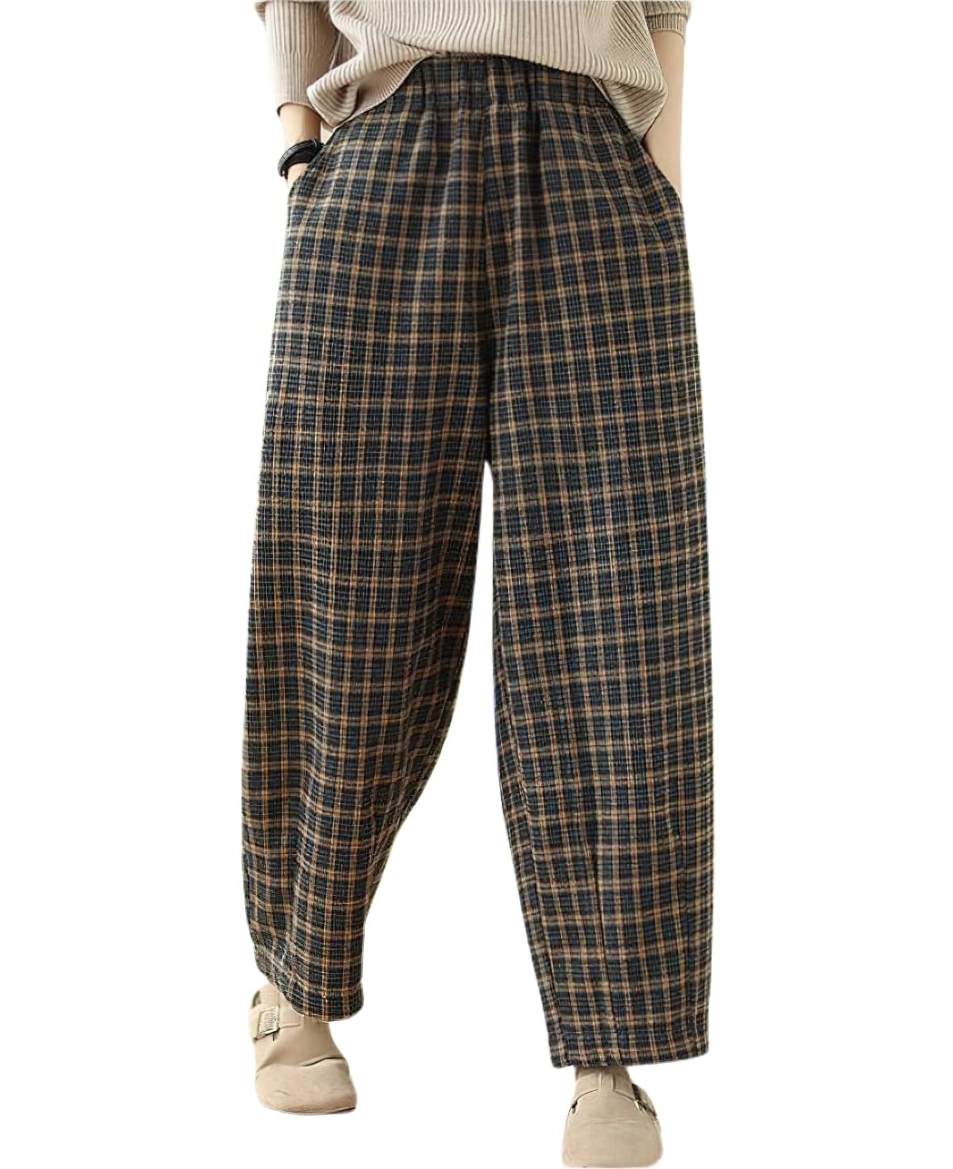chouyatou Womens Winter Plaid Wool Blend Pant Fleece Lined Harem Pant Elastic High Waist Wide Leg Trouser
