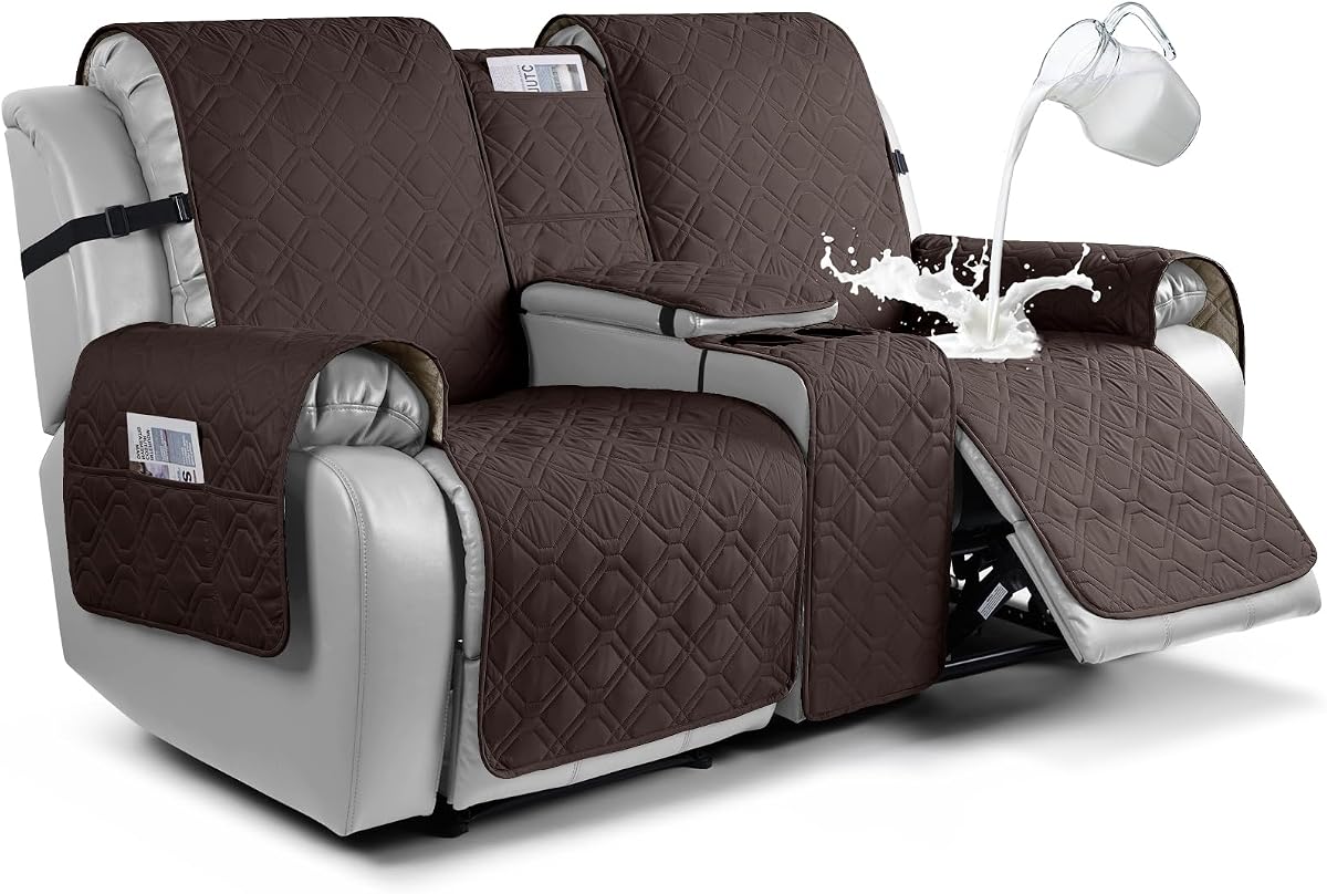 VANSOFY Loveseat Recliner Cover with Console Waterproof, Chocolate | Washable, Non-Slip, Split Sofa Covers, Couch Cover with Pocket, Furniture Protector for Pets, Dogs