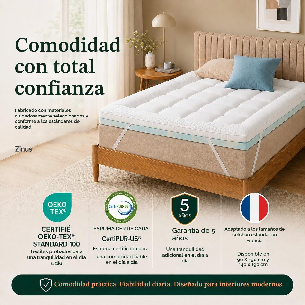 Zinus Bamboo Mattress Toppe Topper, Poliéster, Blanco, 190 x 140 cm
