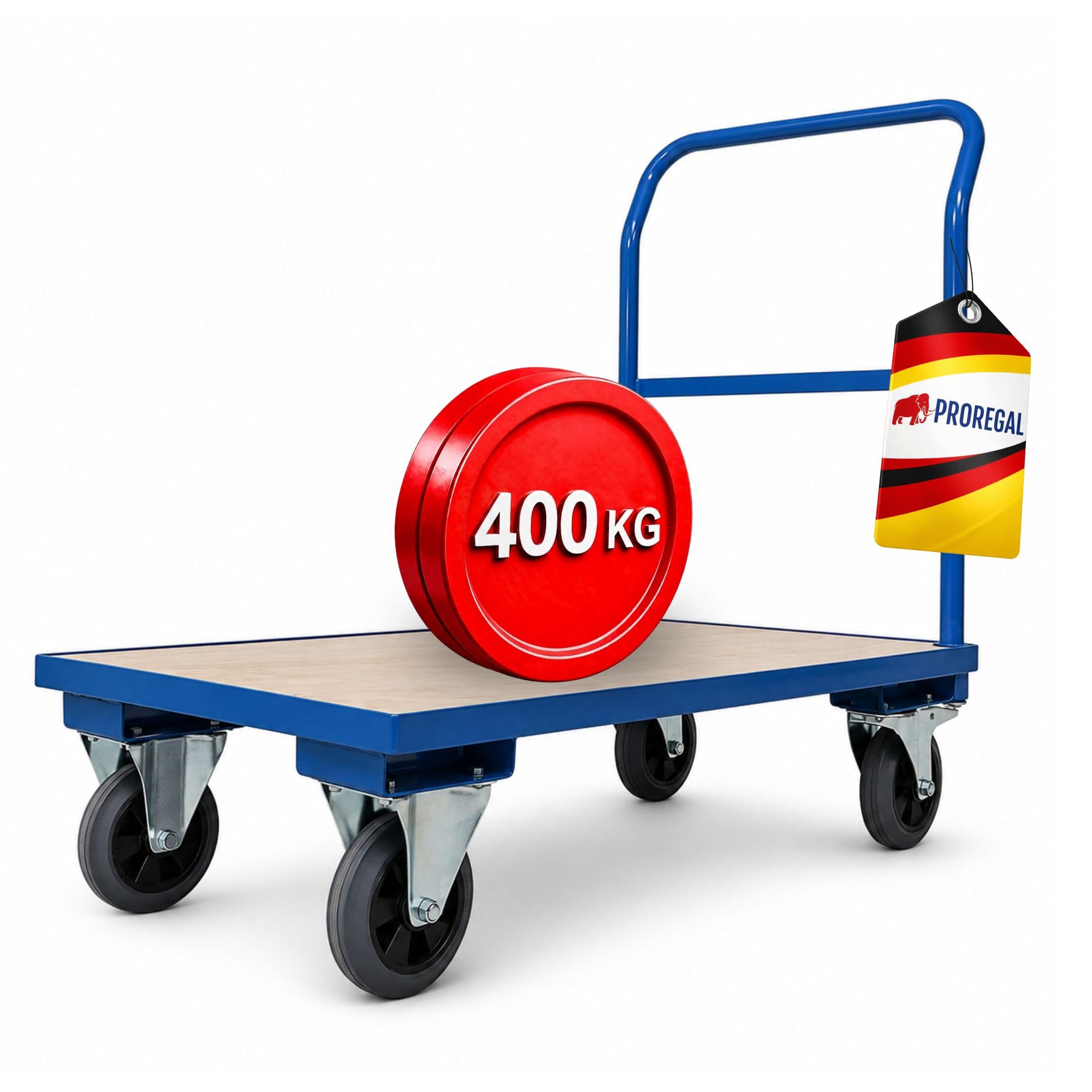 PROREGAL Transportwagen Handwagen Materialwagen | HxBxL 102x60x98cm | Traglast 450kg | Vollgummibereifung, 2x Lenkrollen mit Feststellbremse & 2x Bockrollen | Lichtblau | Plattformwagen Transporthilfe