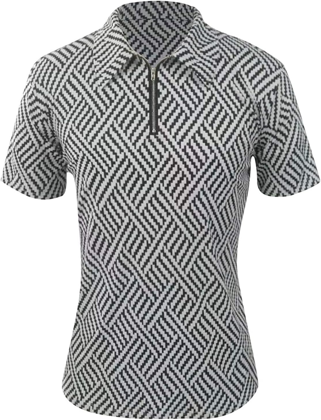 Men's Zipper Check Color Matching T-Shirt Striped Graphic Printed Tops Beach Tees Classic Short Sleeve Polo Shirt