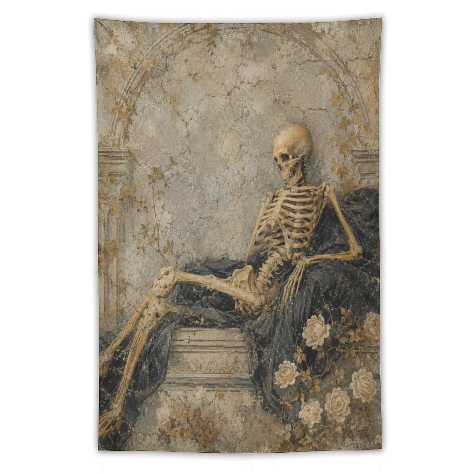H3B8U2Y5 Skeleton Reclining Wall Tapestry, Fantasy Illustration, Bed