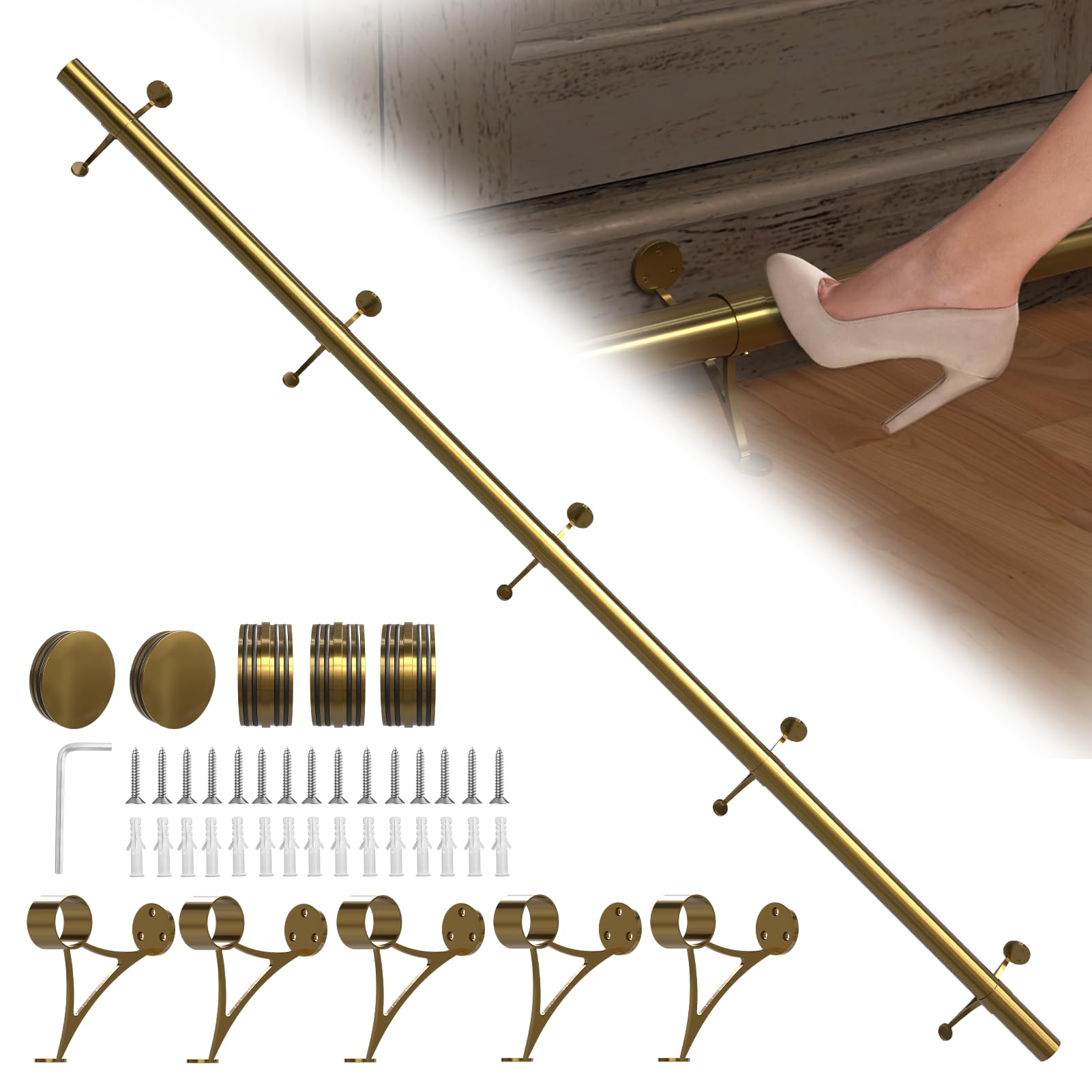 Bar Foot Rail Kit 4ft / 6ft / 8ft - Stainless Steel Complete Floor Standing Bar Foot Rest - Brass Gold Foot Rail System with Tubing, Wall Brackets, End Caps & Internal Connector