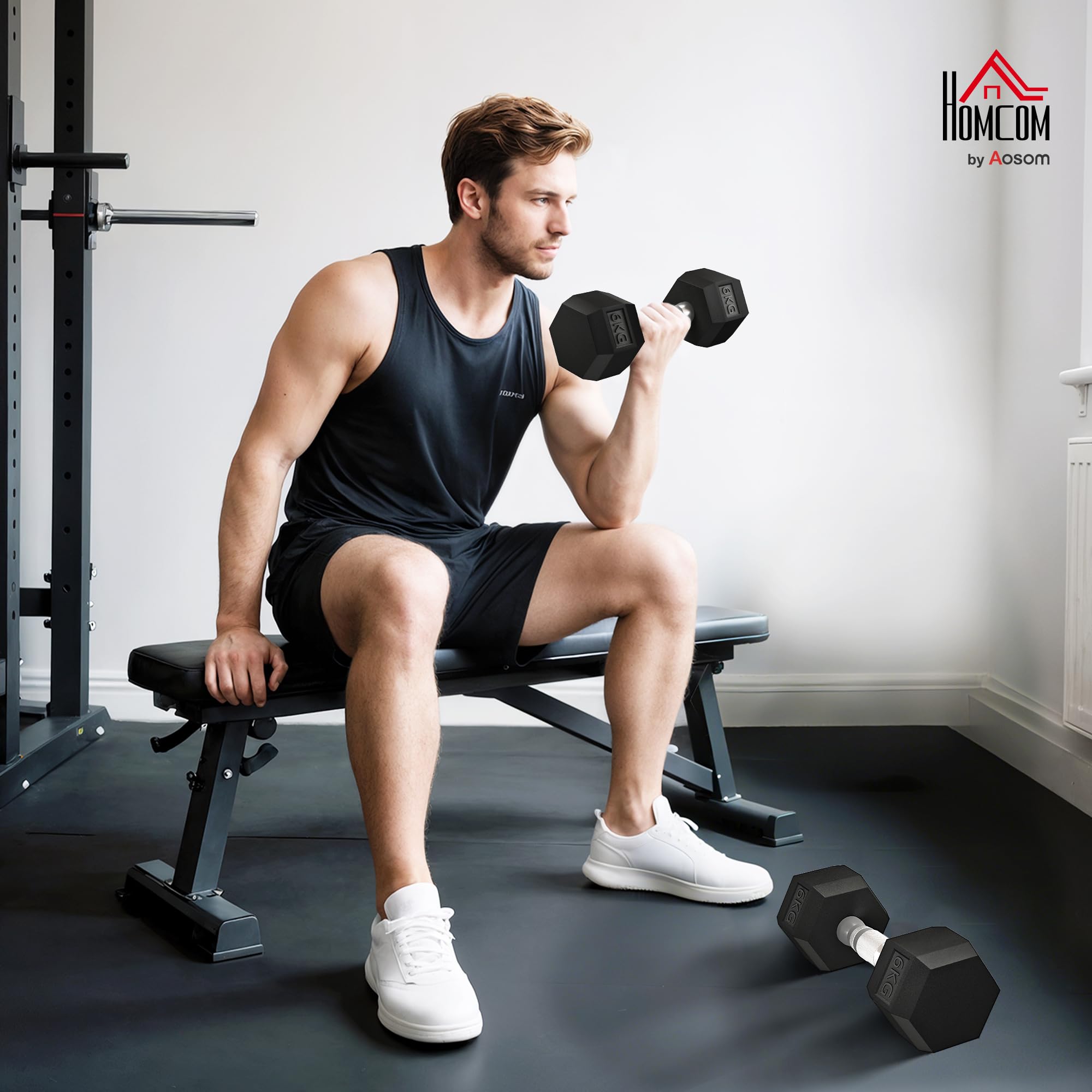 HOMCOM Set di 2 Manubri da 4/5/6/10 kg Esagonali, Coppia di Pesi per Palestra con Presa Antiscivolo e Rivestimento in Gomma, Nero