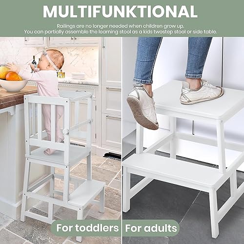 Miniatura 5 de COSYLAND Taburete de cocina para niños con guantes, barandilla de seguridad extraíble anticaída, alfombrilla antideslizante para pie, taburete de