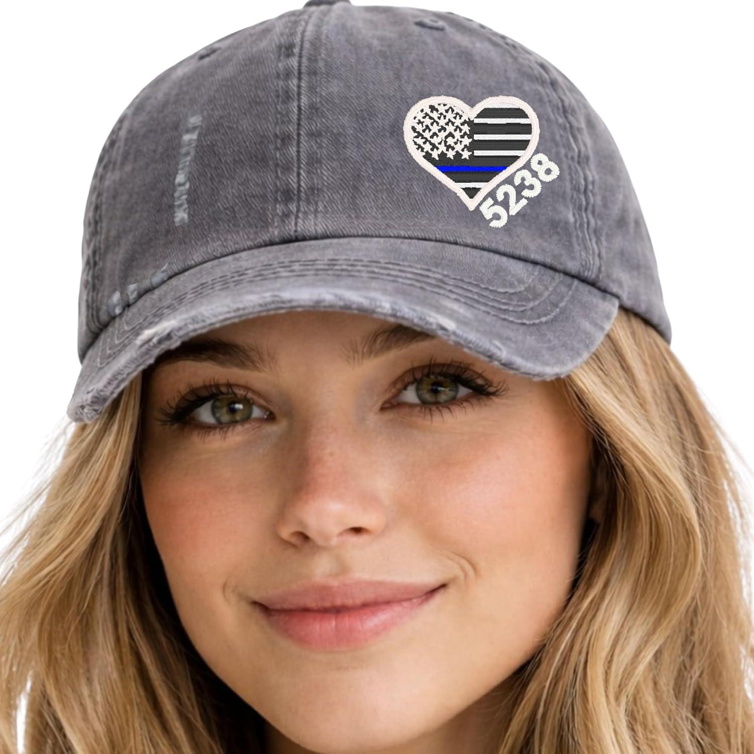 Women's Thin Blue Line Heart Flag Hat, Optional Badge Number, Baseball or High Ponytail Cap, Leo Law Enforcement Police Mom Wife Sister, Back The Blue
