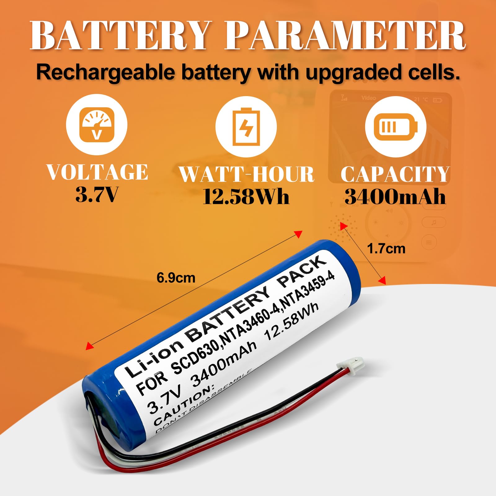 Batterie compatible avec les babyphone Philips Avent SCD620, SCD625, SCD630, SCD831, SCD833, SCD835, SCD841, SCD843, SCD845, etc. Remplace les modèles Philips NTA3460-4, NTA3459-4, 1S1PBL188. 65 à 2