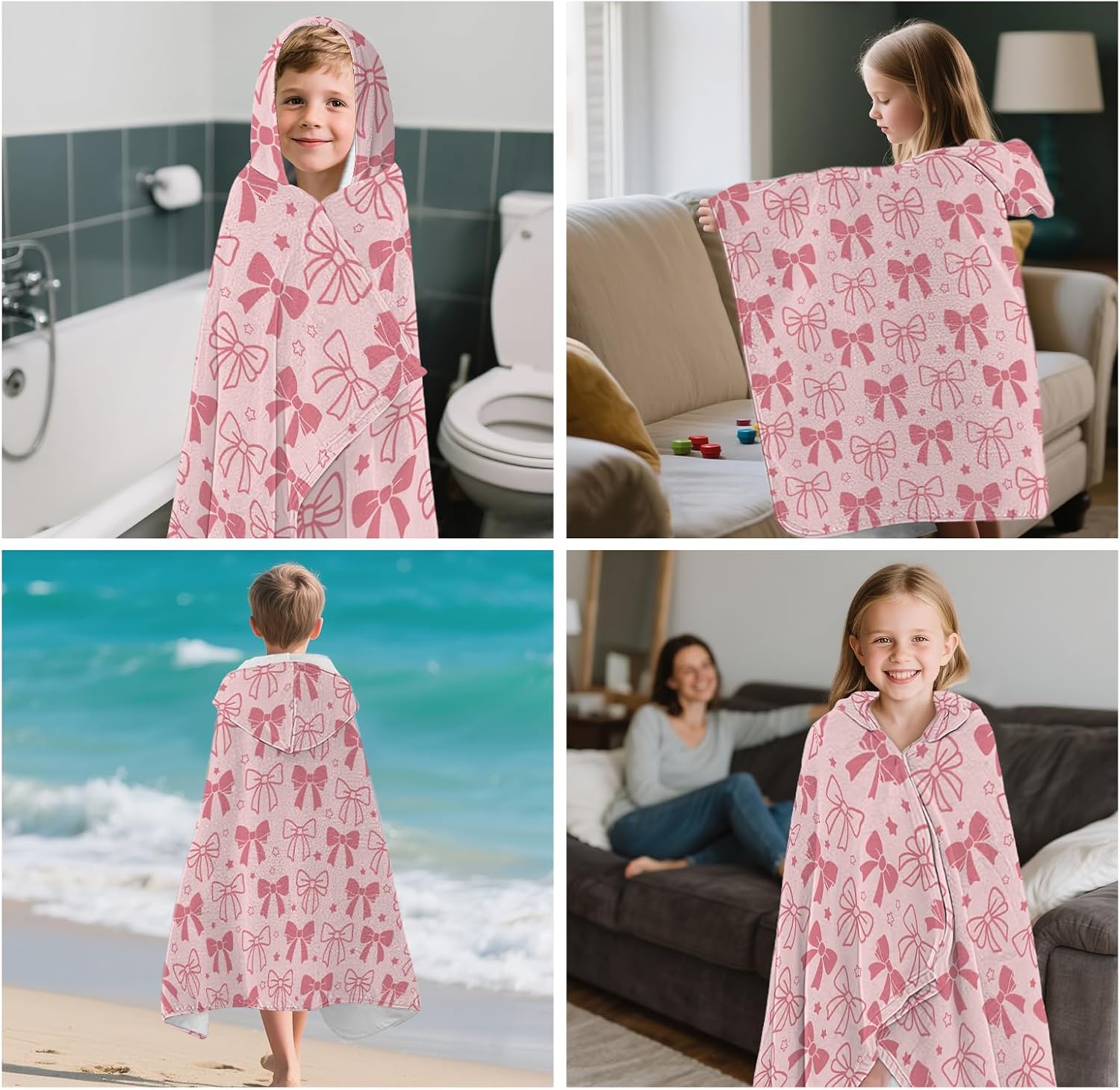 Bows Hooded Bath Towels for Kids, Quick Dry Lightweight Hooded Towel 30" x 50", Pink Bow Bath Towels for Beach, Pool, Travel, Toddlers, Teens and Kids Towel
