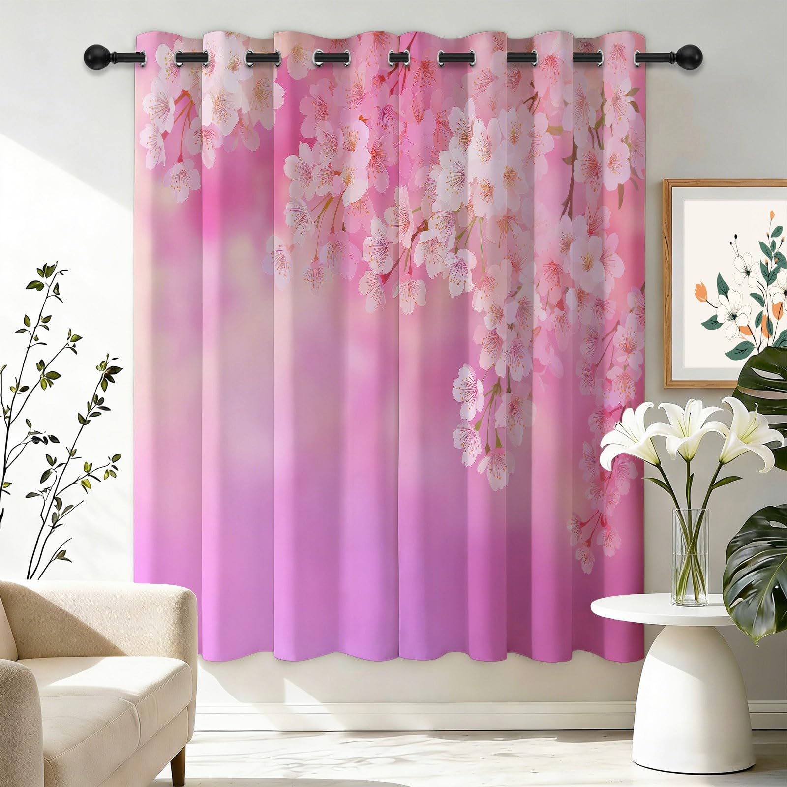 Verdunkelungsvorhänge H160 x B70 cm 2 Paneele, Geräuschreduzierung & Wärmeisolierung Feine Frühlingshafte Elegante Kirschblüten Vorhänge Blickdicht für Schlafzimmer Wohnzimmer Kinderzimmer, Rosa