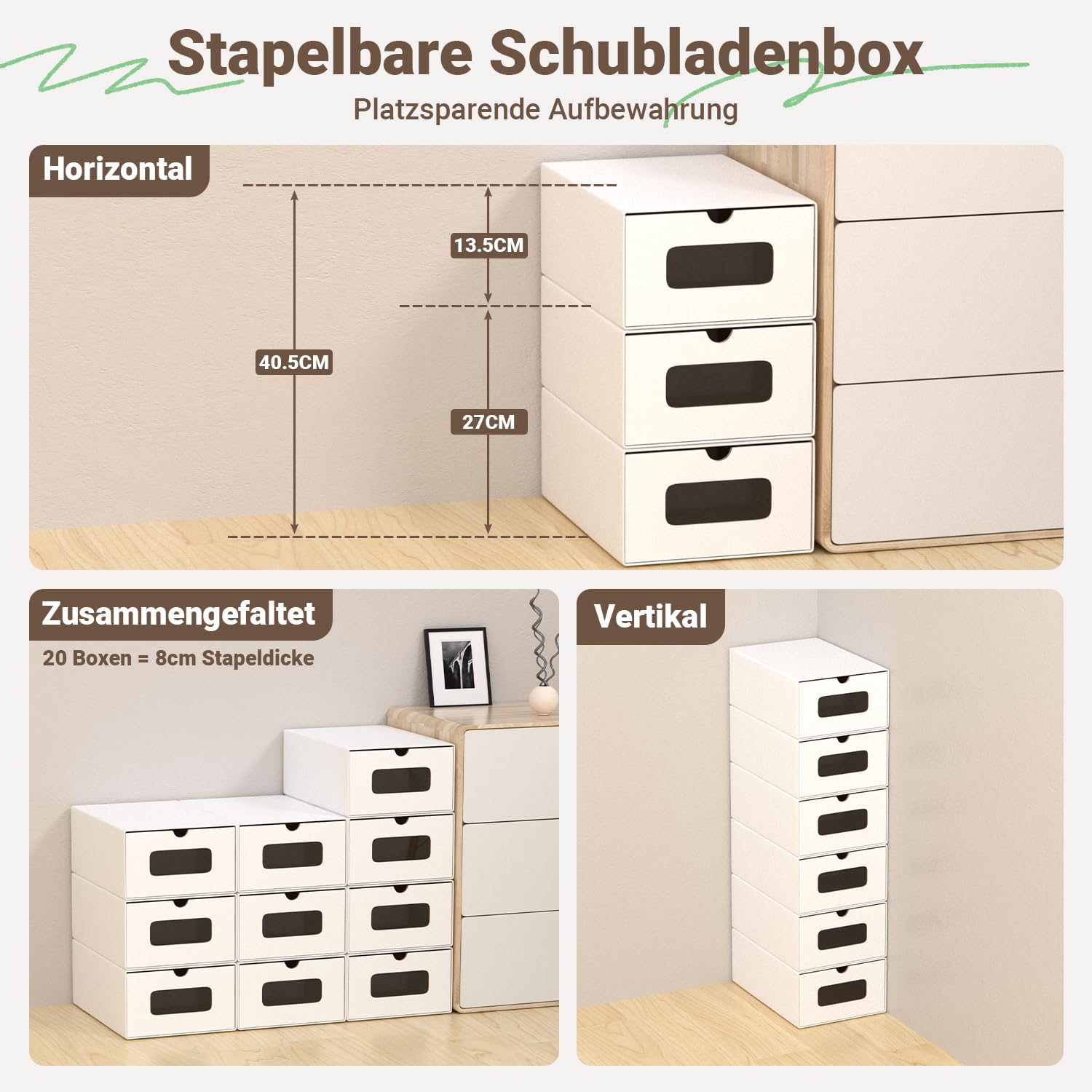 30 x portascarpe bianco puro con finestrella – Scatola pieghevole 35 x 23 x 13,5 cm, impilabile, scatola per scarpe, cassetto, scatola multiuso in cartone kraft fino a 45