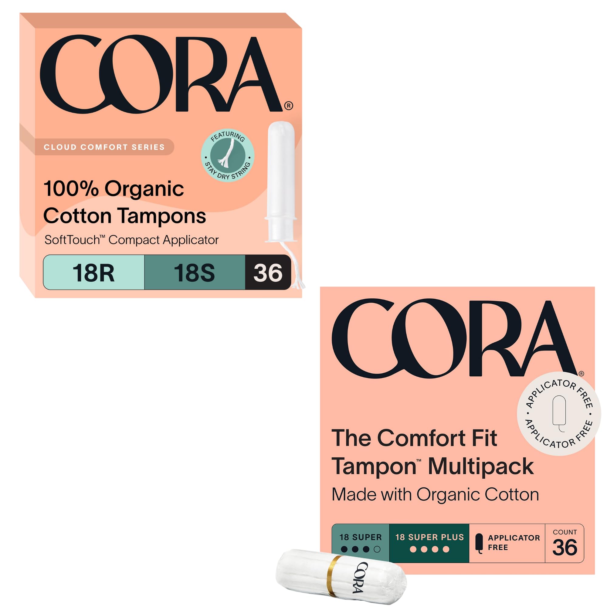 Cora Organic Feminine Care Applicator and Non-Applicator Tampon Multipack 100 Organic Cotton Unscented BPA-Free Compact Applicator Leak Protection