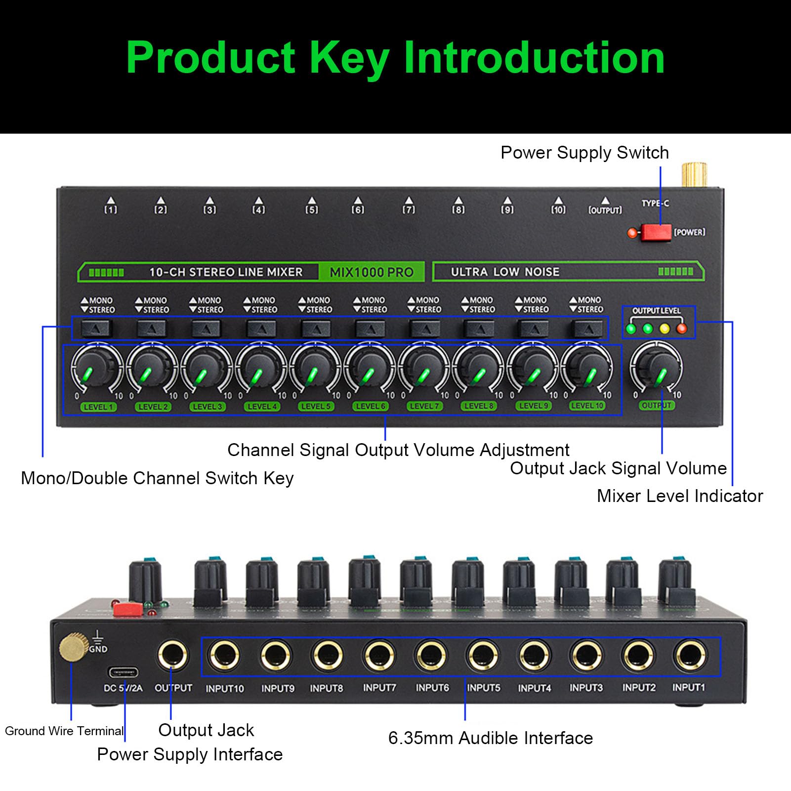Fafeicy 10-Kanal Audio Mixer Stereo/Mono Line Mixer für Gitarre Bass Keyboard Studio Bühne Aufnahme DC 5V