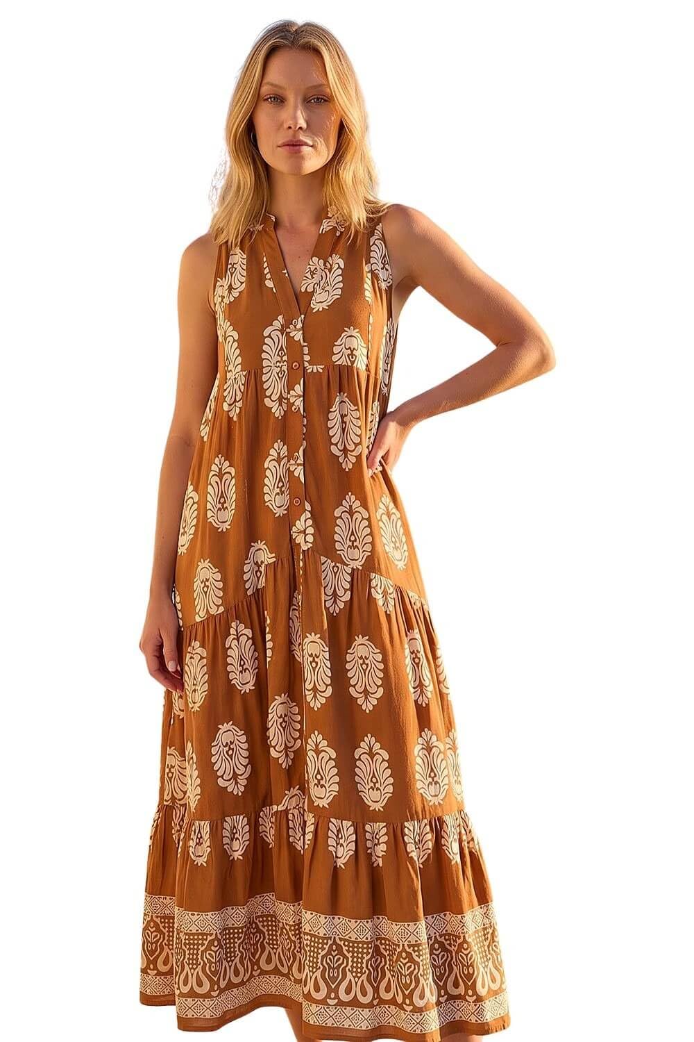 Roman Originals Women's Tan Roman Patchwork Shimmer Smock Tiered Midi Dress For Uk Spring Everyday Summer Holiday V-Neckline Comfy Sleeveless Soft Button Down Frock Beach Vacation - Size 18