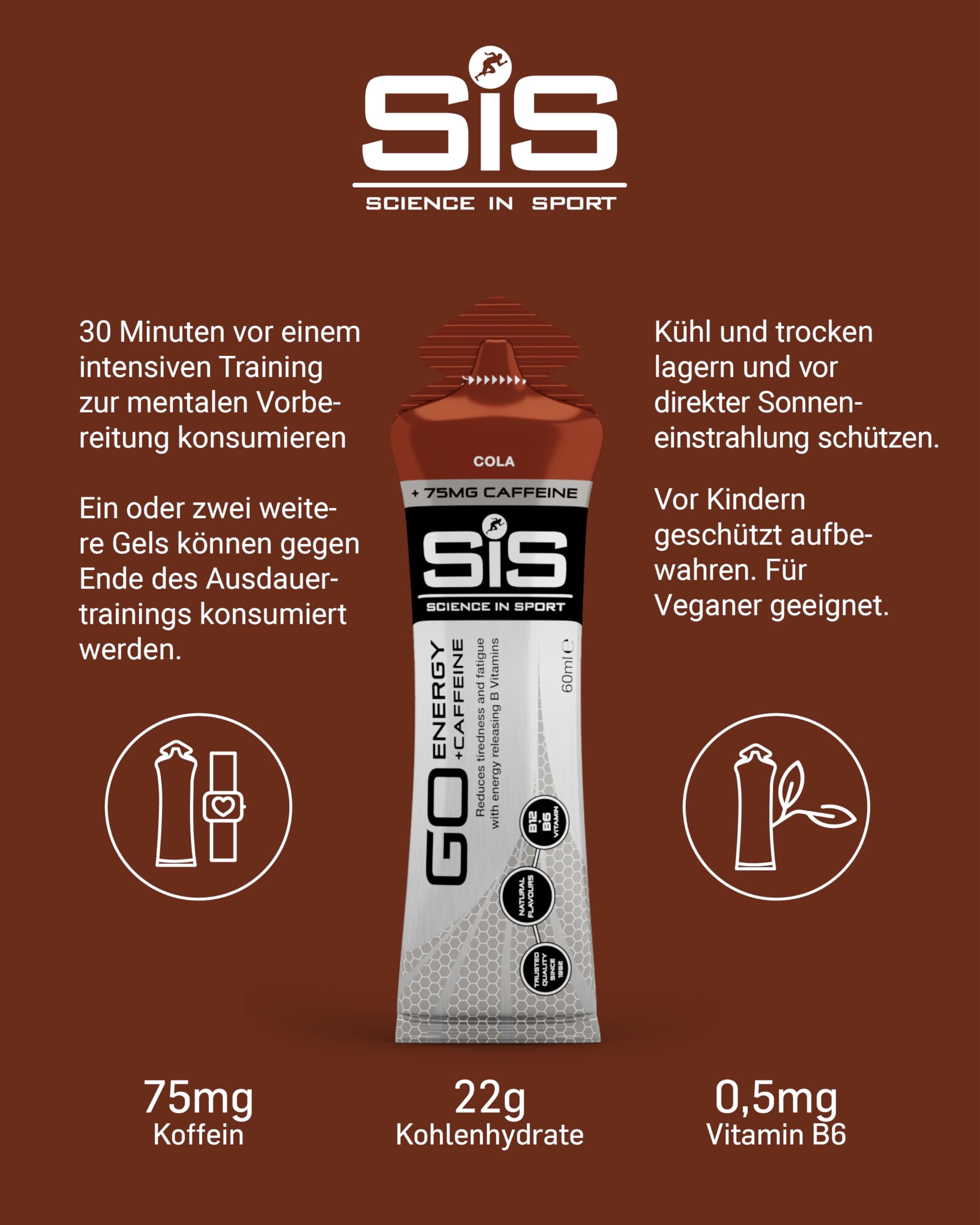 Science in Sport GO Energy Gel + Koffein Gel 30 x 60ml Cola, Vegan - Gel mit 150mg Koffein & 22g Kohlenhydrate, Energie für Ausdauersportler