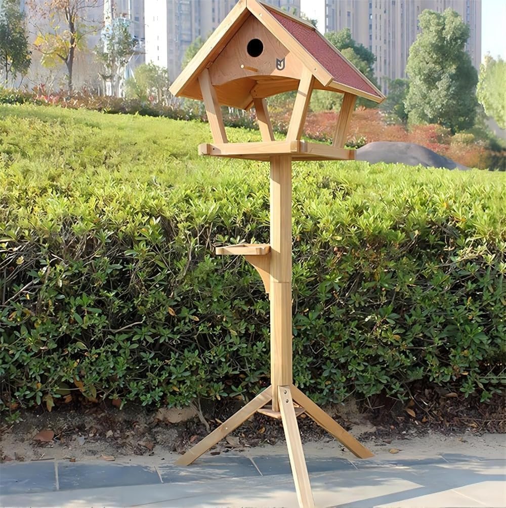 FUMAOYU 野鳥の餌台｜木製屋外バードフィーダー 屋根付き 自立式 鳥のエサ台・餌入れ｜野鳥観察向け 高さ 128cm 据え置き