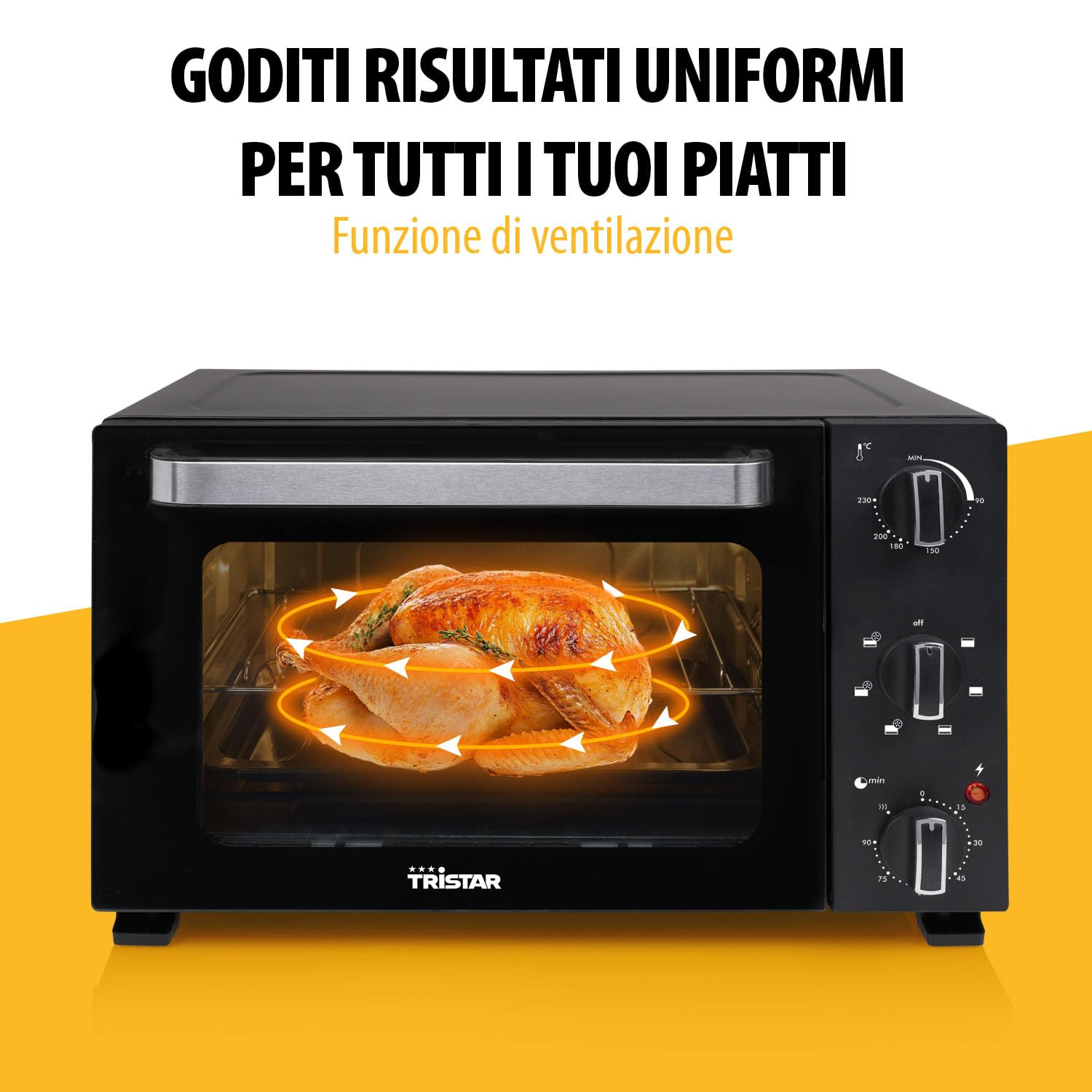 Tristar Forno Ventilato, Capacità 27L, 1500W, 6 Programmi, Timer 90 Min, Termostato 90–230 °C, Porta Doppio Vetro, Luce Interna, Accessori Inclusi, OV-3627