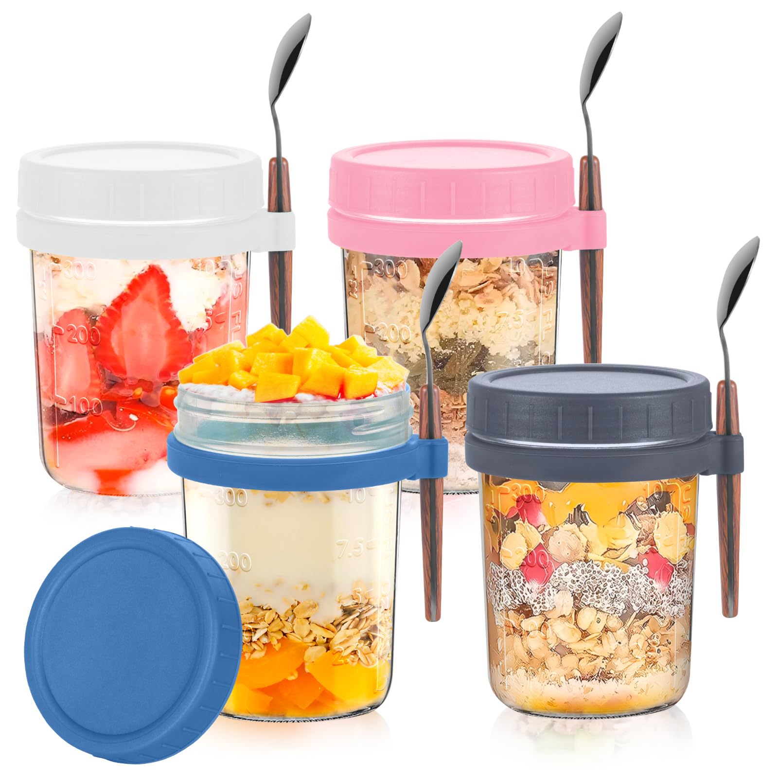 Esilihom 4 Pack Reusable Overnight Oats Jars with Lid and Spoon
